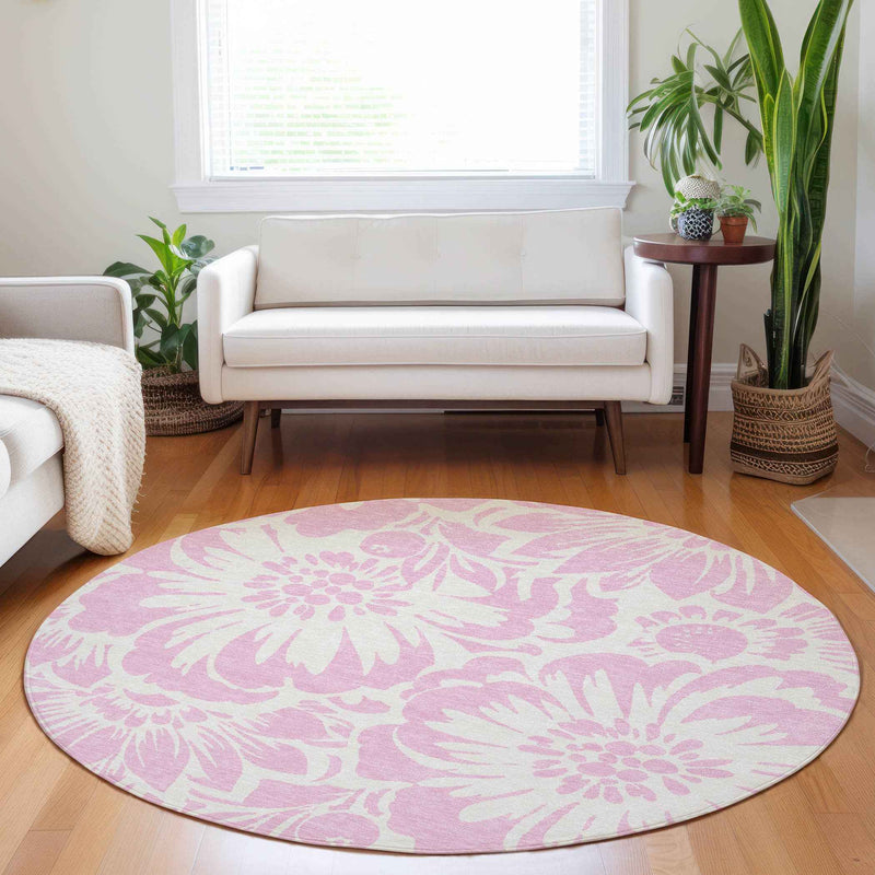 8' Round Pink and Ivory Round Floral Washable Non Skid Indoor Outdoor Area Rug