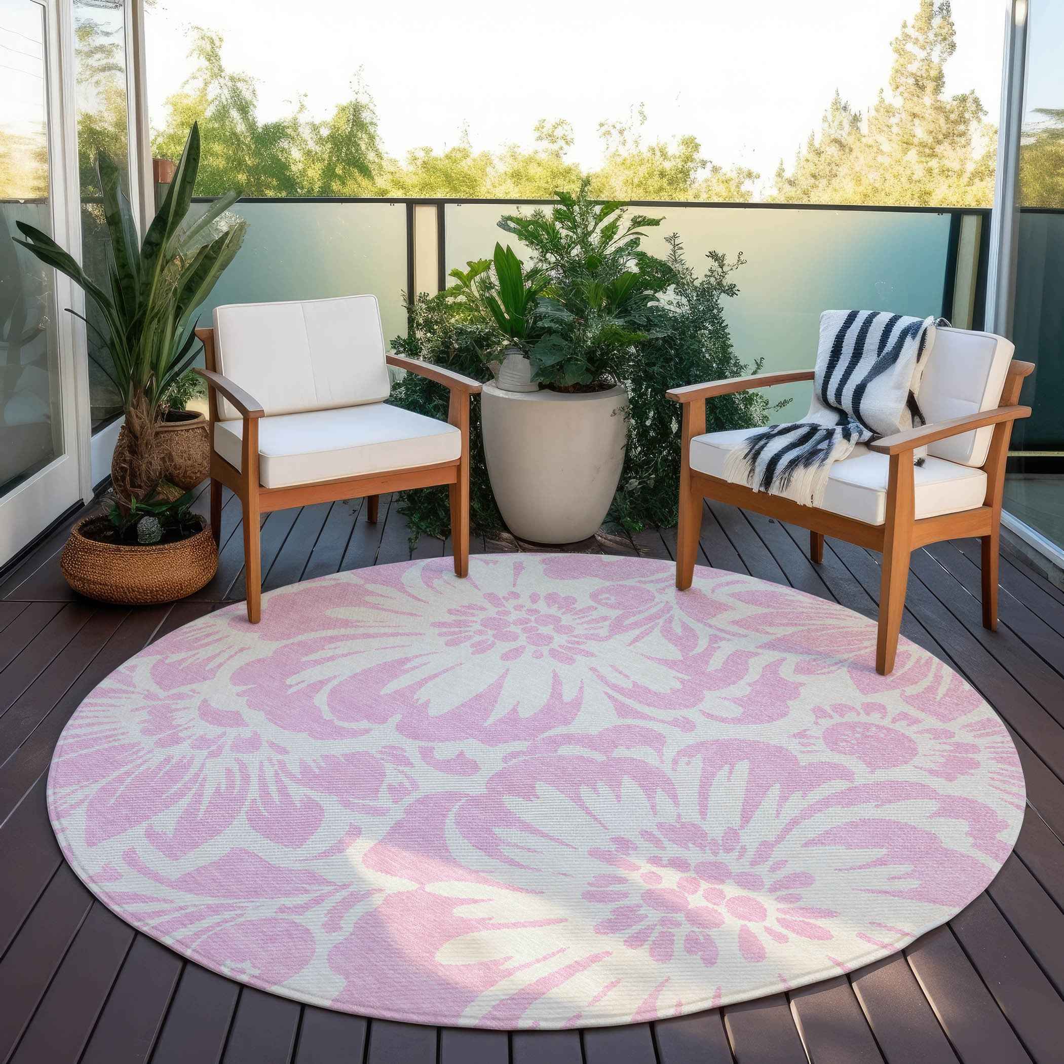 8' Round Pink and Ivory Round Floral Washable Non Skid Indoor Outdoor Area Rug