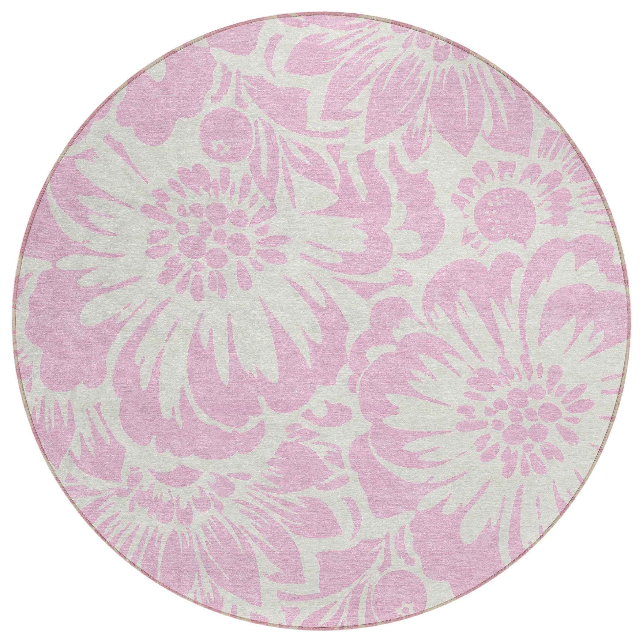 8' Round Pink and Ivory Round Floral Washable Non Skid Indoor Outdoor Area Rug