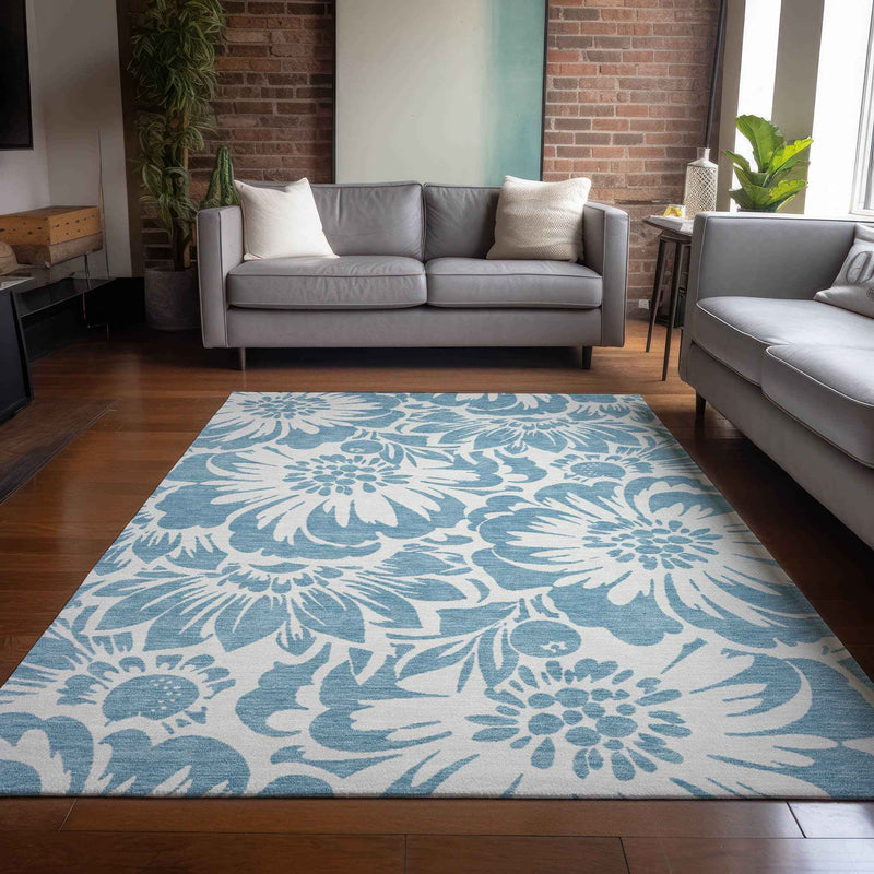 10' X 14' Denim and Ivory Floral Washable Non Skid Indoor Outdoor Area Rug