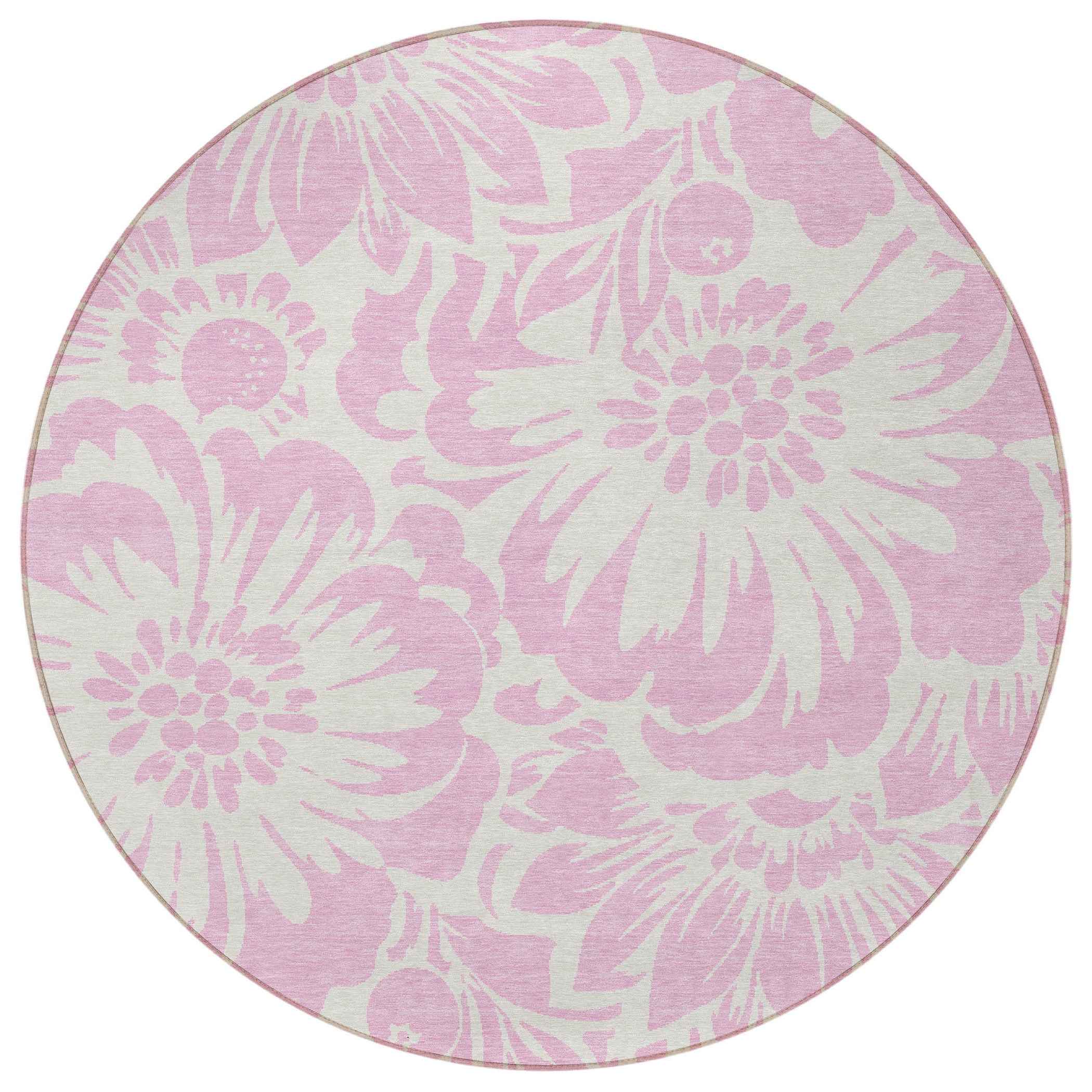 8' Round Pink and Ivory Round Floral Washable Non Skid Indoor Outdoor Area Rug