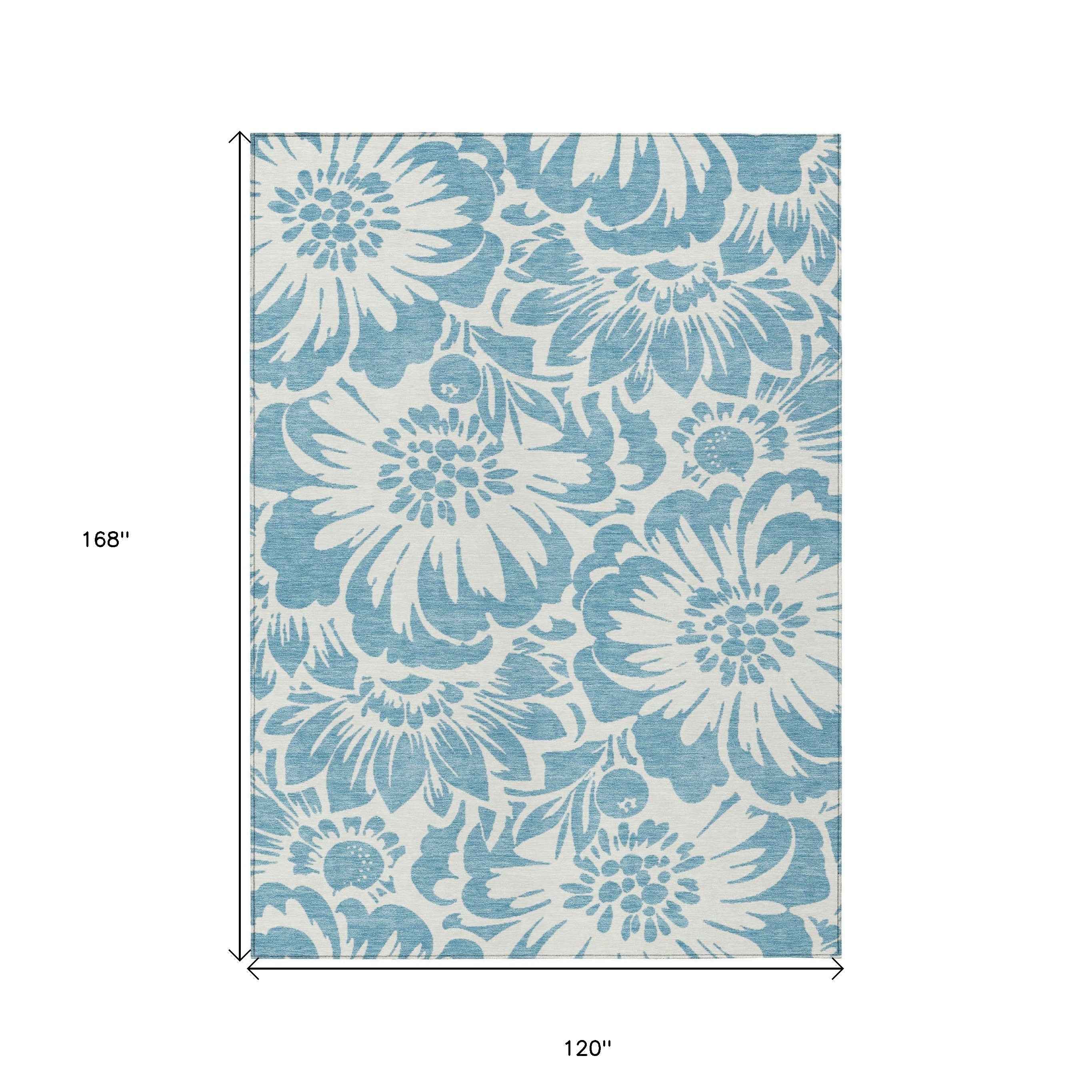 10' X 14' Denim and Ivory Floral Washable Non Skid Indoor Outdoor Area Rug