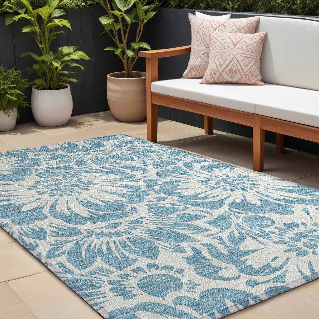 10' X 14' Denim and Ivory Floral Washable Non Skid Indoor Outdoor Area Rug