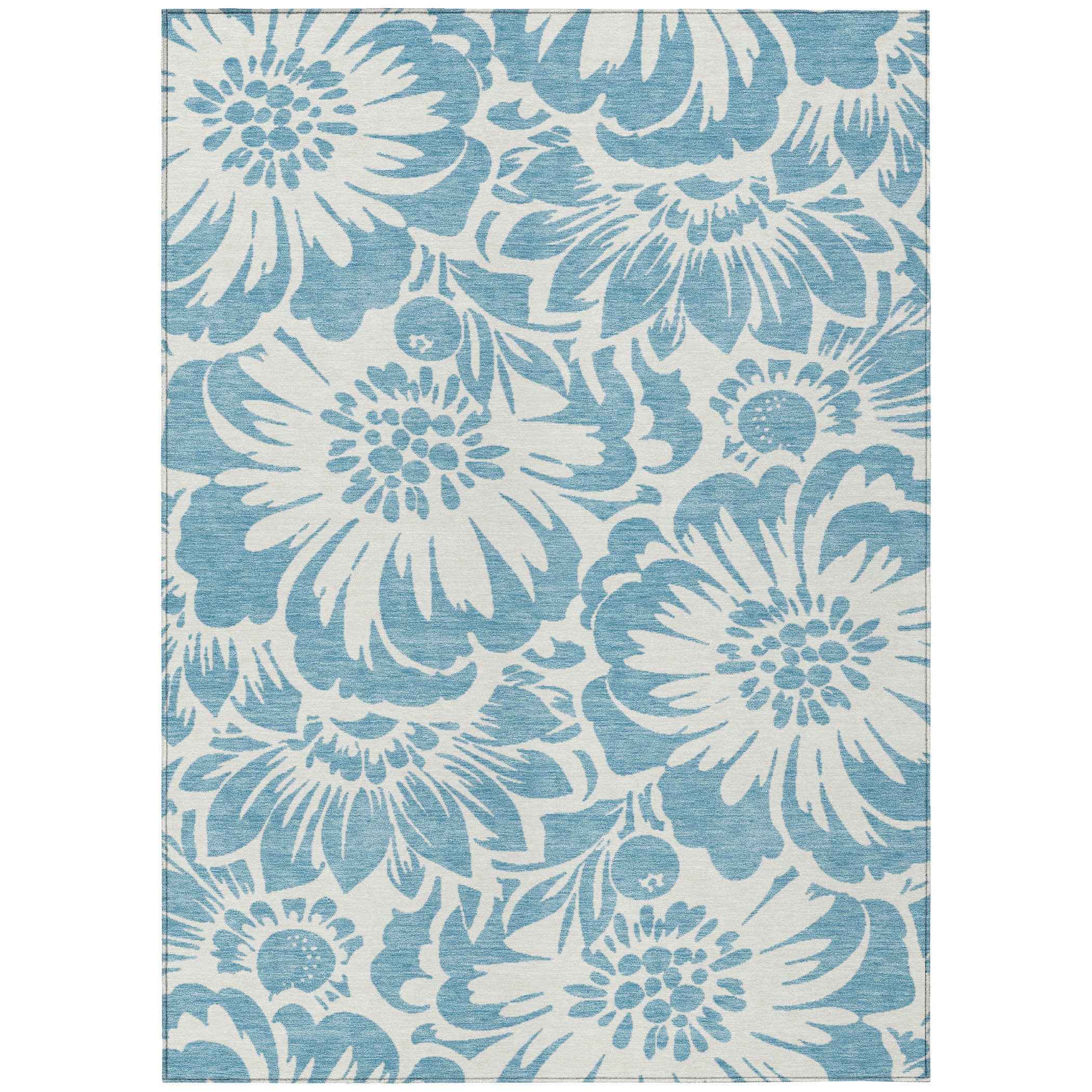 10' X 14' Denim and Ivory Floral Washable Non Skid Indoor Outdoor Area Rug