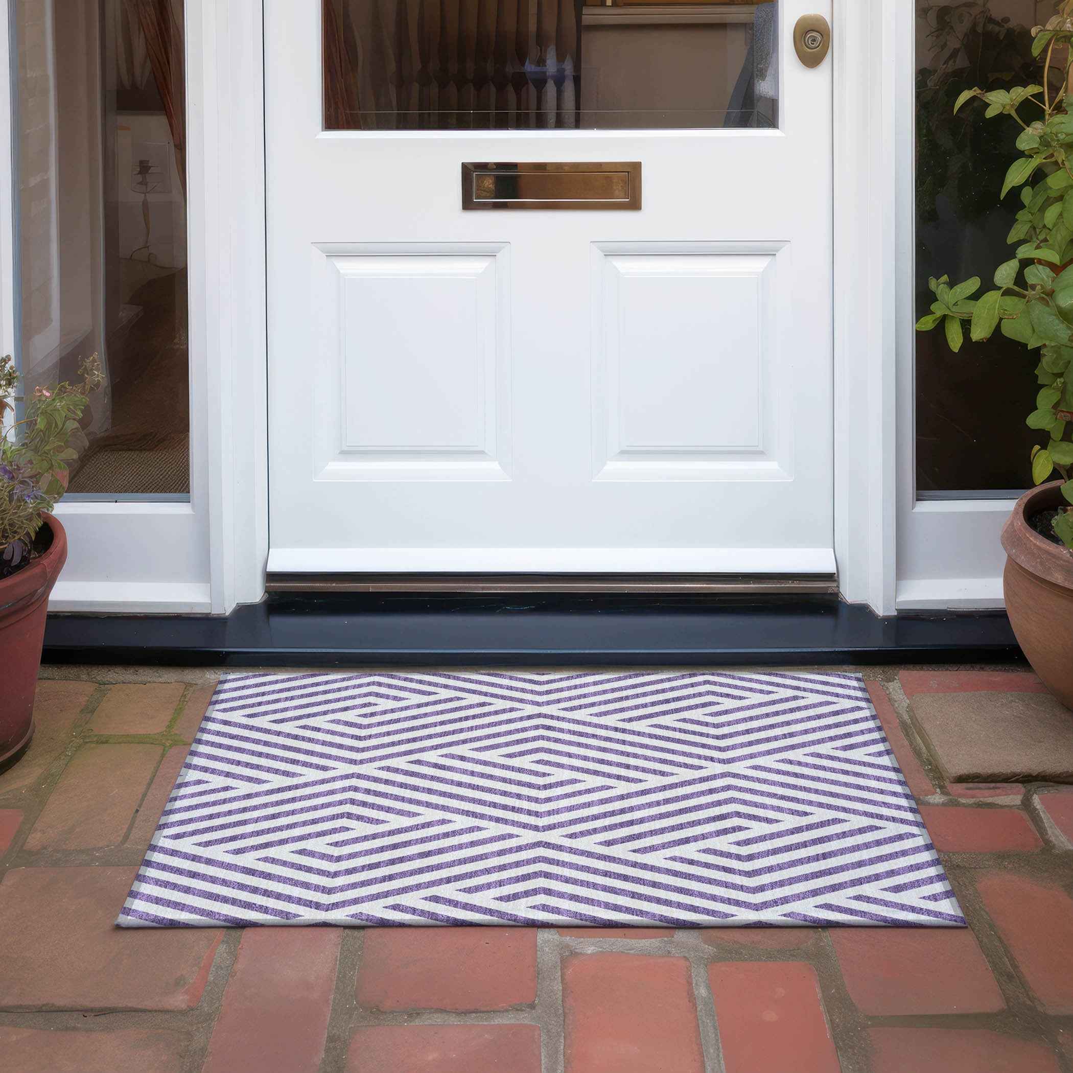 2' X 3' Purple and White Geometric Washable Non Skid Indoor Outdoor Area Rug