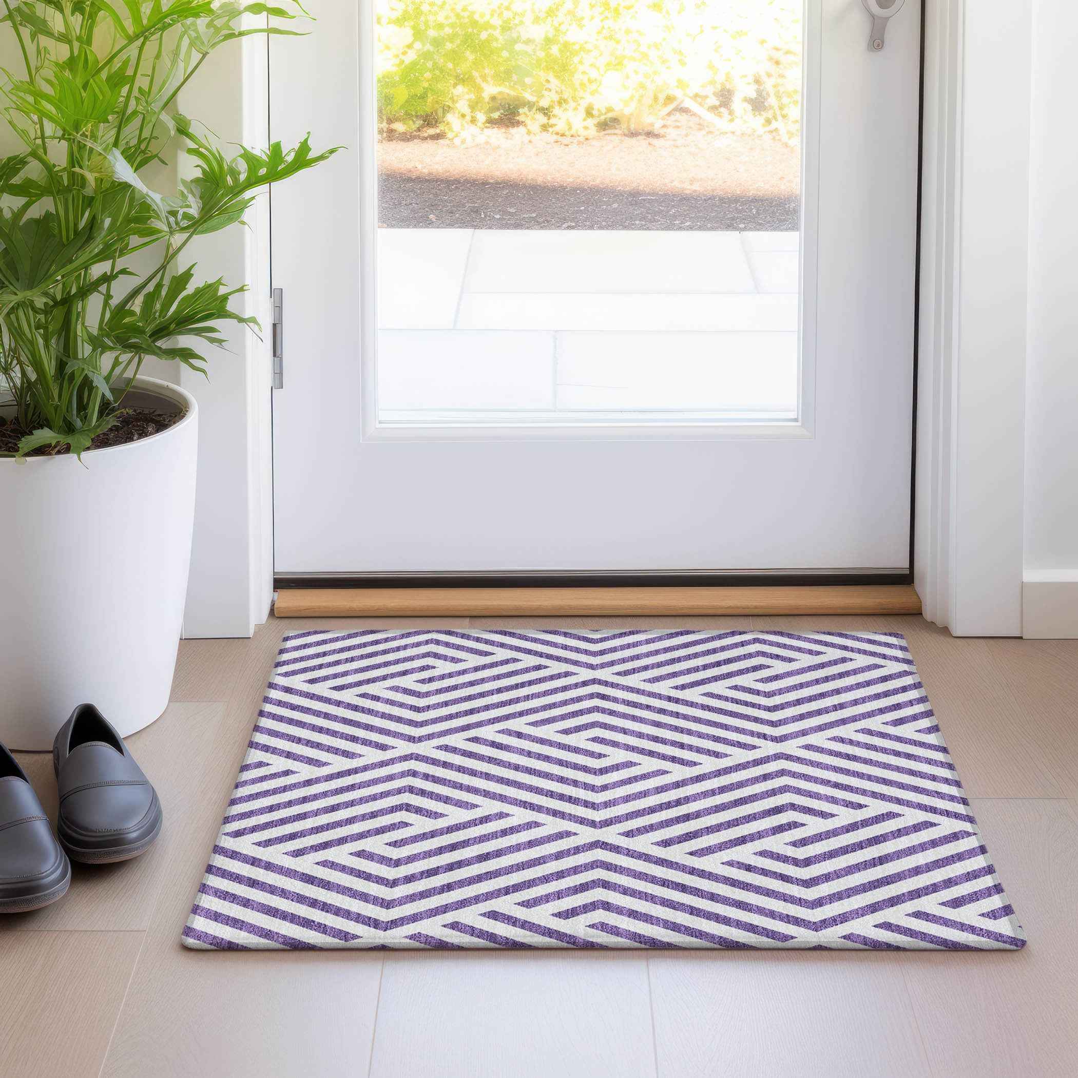 2' X 3' Purple and White Geometric Washable Non Skid Indoor Outdoor Area Rug
