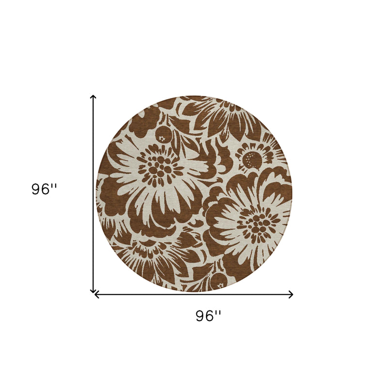 8' Round Brown and Ivory Round Floral Washable Non Skid Indoor Outdoor Area Rug