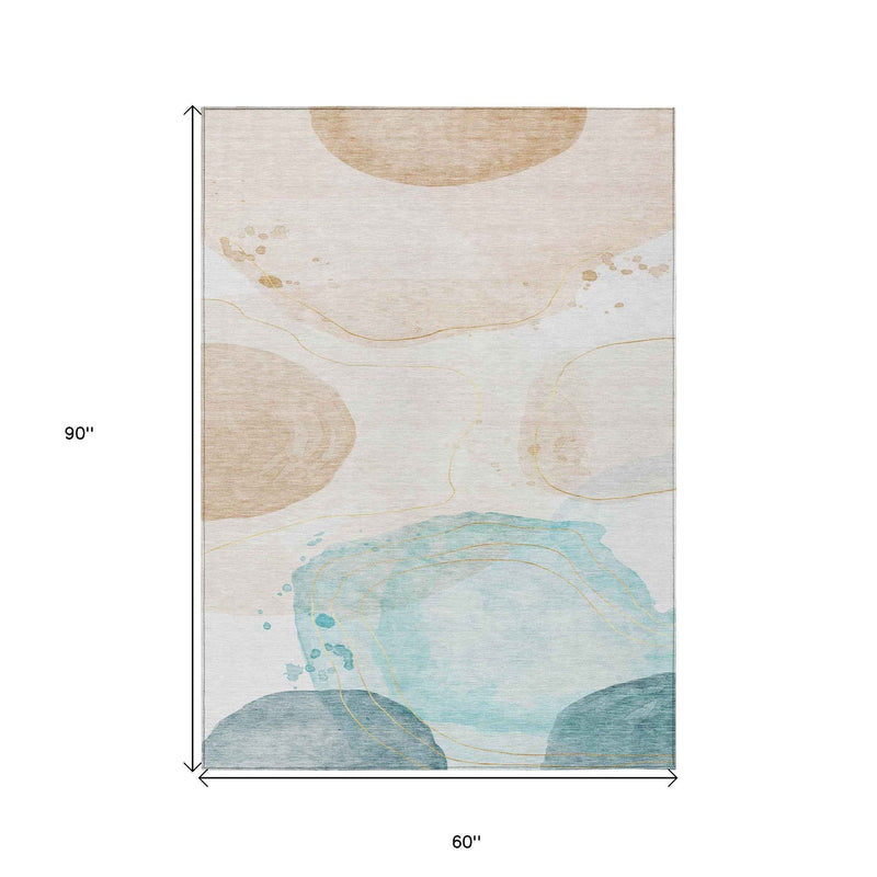 5' X 8' Beige And Blue Abstract Washable Indoor Outdoor Area Rug