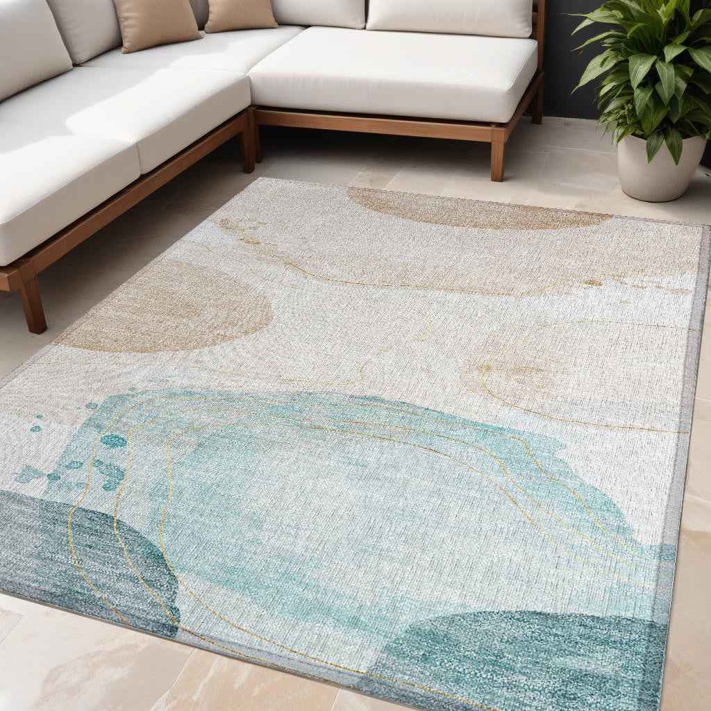 5' X 8' Beige And Blue Abstract Washable Indoor Outdoor Area Rug