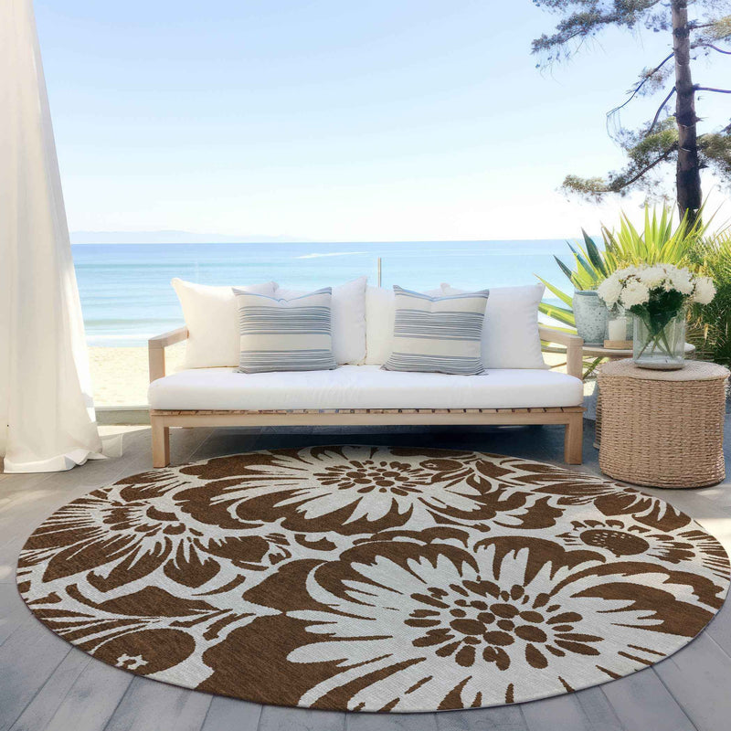 8' Round Brown and Ivory Round Floral Washable Non Skid Indoor Outdoor Area Rug