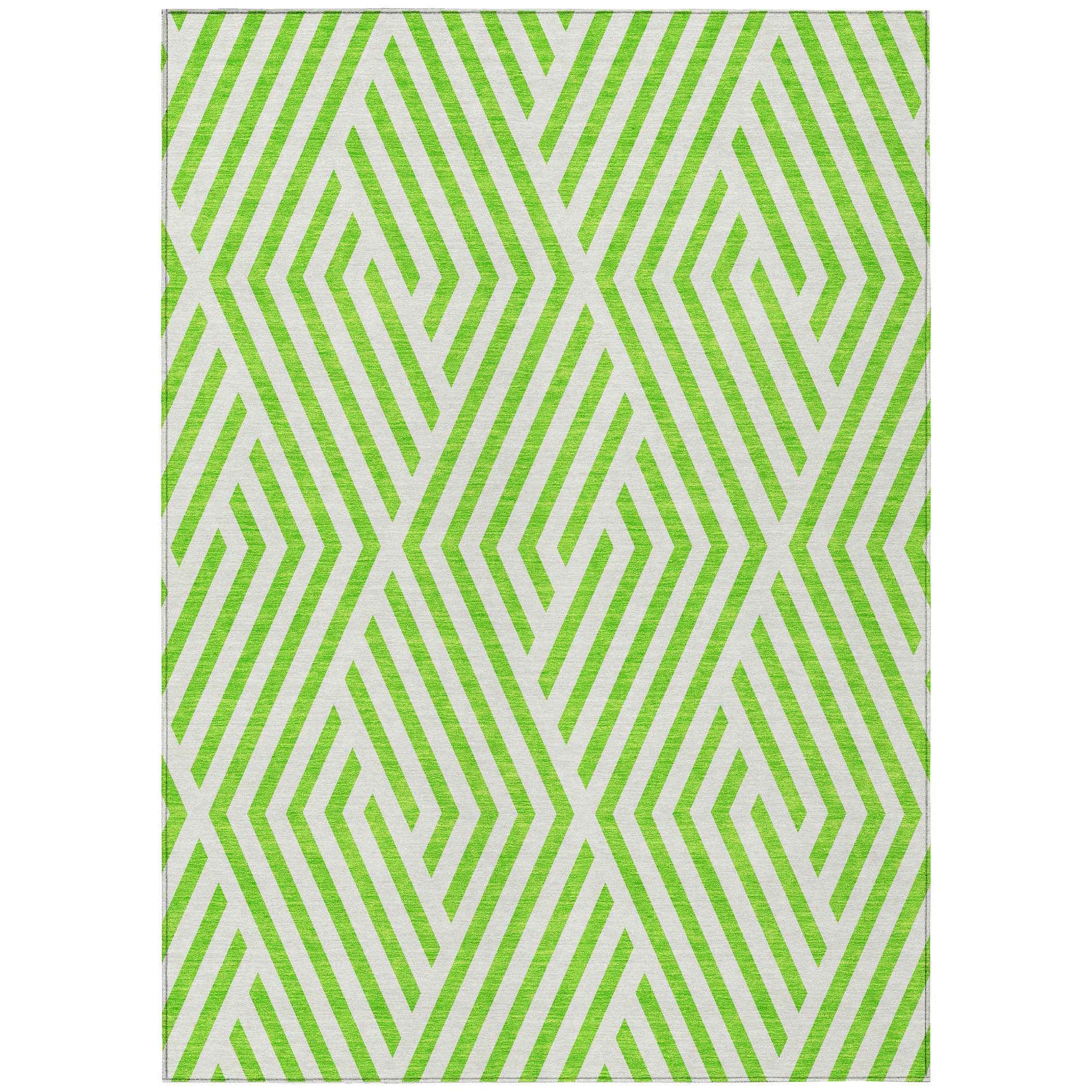 9' X 12' Lime Green and White Geometric Washable Non Skid Indoor Outdoor Area Rug