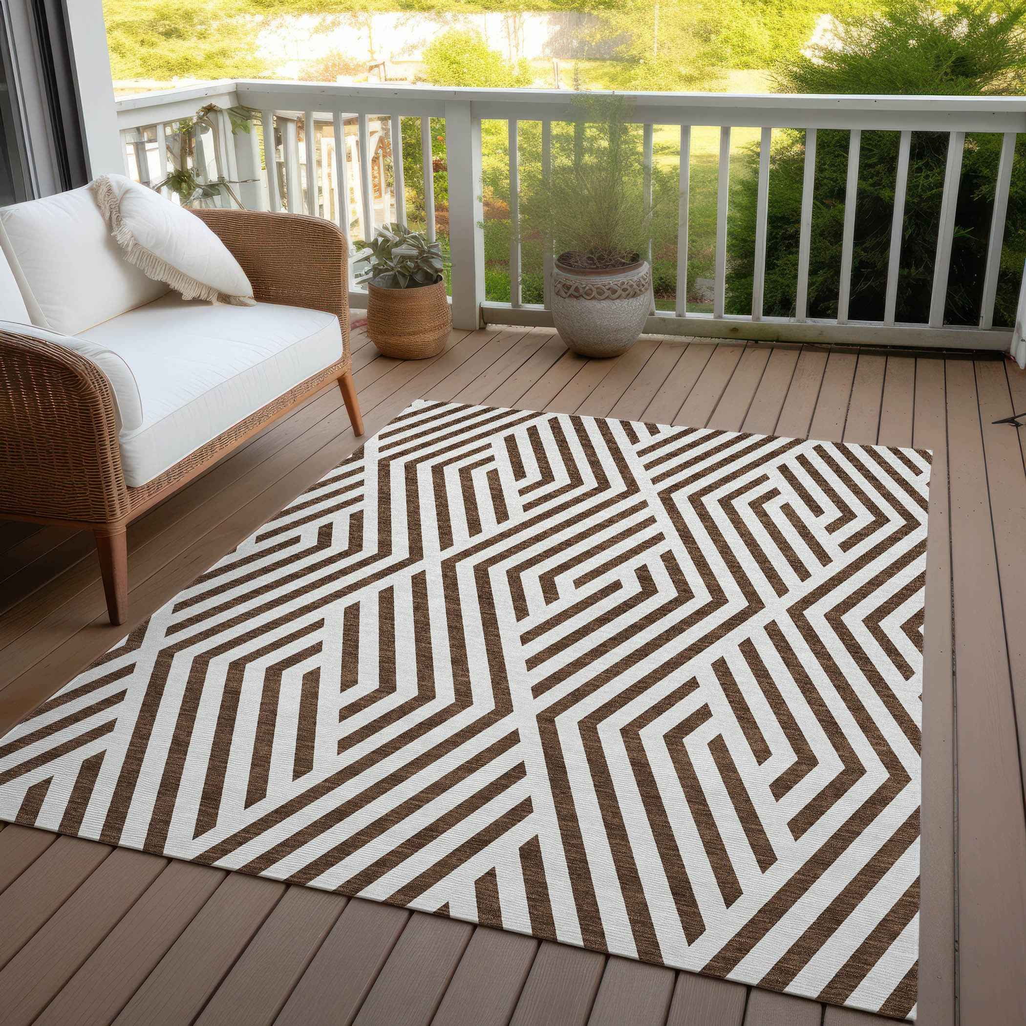 8' X 10' Brown and White Geometric Washable Non Skid Indoor Outdoor Area Rug