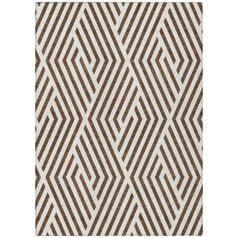 8' X 10' Brown and White Geometric Washable Non Skid Indoor Outdoor Area Rug