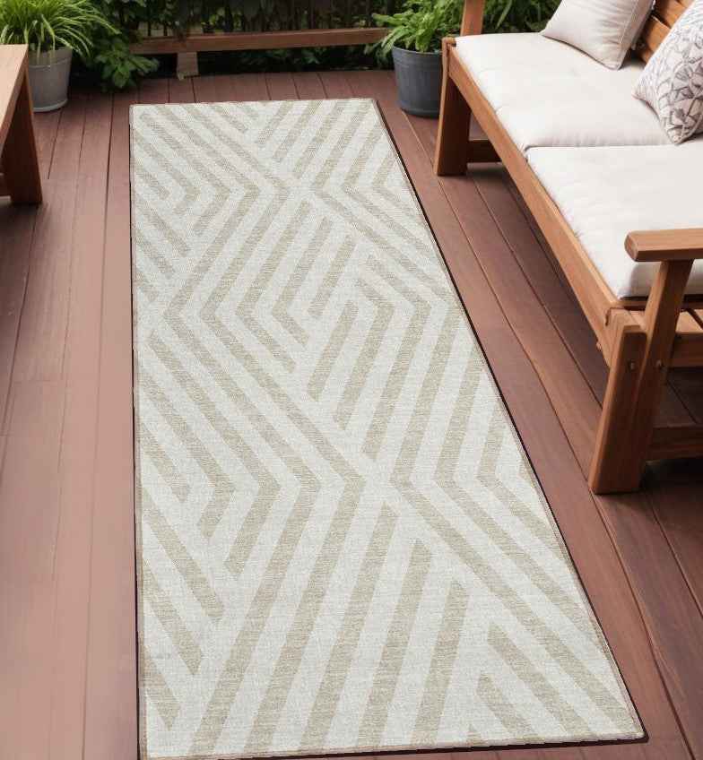 8' Runner Beige and Ivory Geometric Washable Non Skid Indoor Outdoor Runner Rug