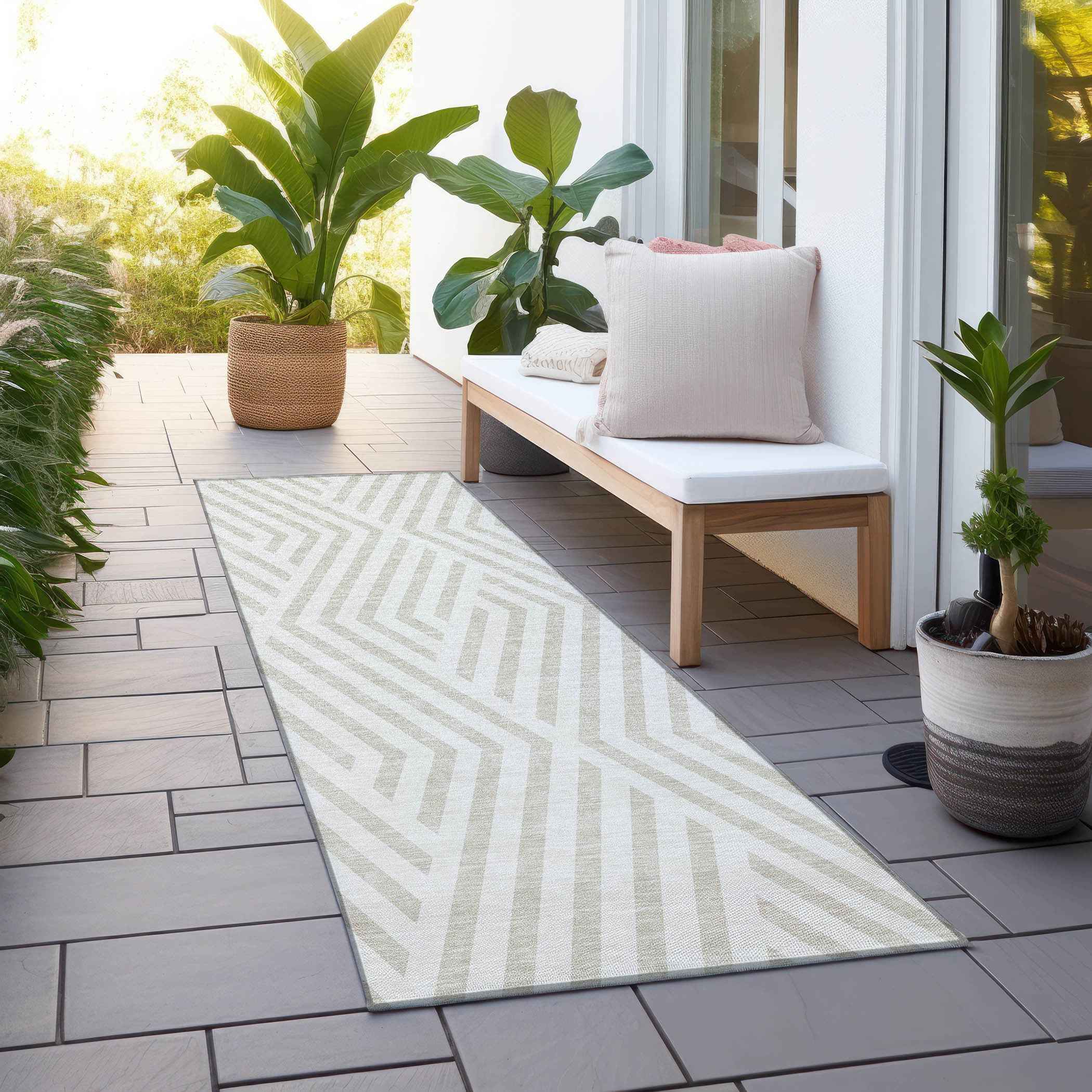 8' Runner Beige and Ivory Geometric Washable Non Skid Indoor Outdoor Runner Rug