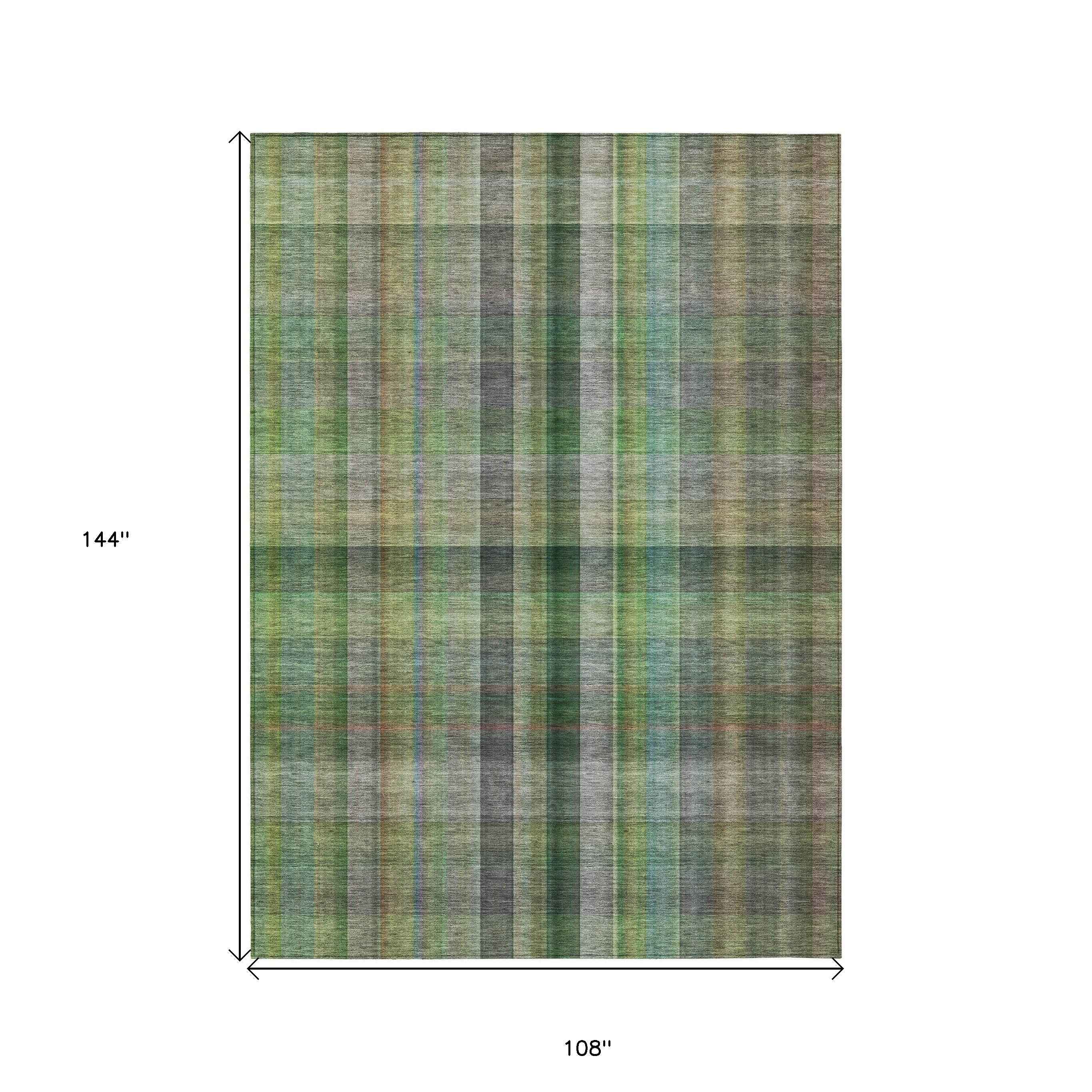 9' X 12' Green Plaid Washable Non Skid Indoor Outdoor Area Rug