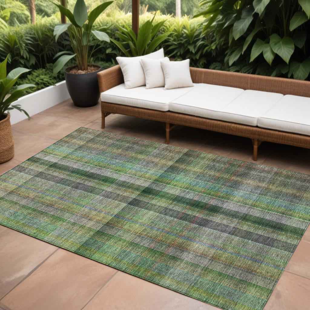 9' X 12' Green Plaid Washable Non Skid Indoor Outdoor Area Rug