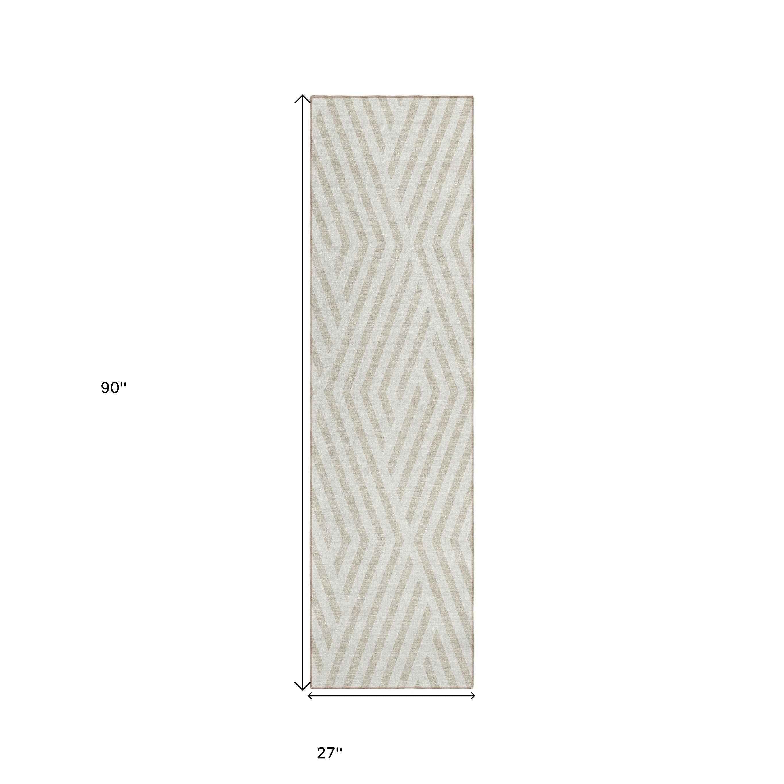 8' Runner Beige and Ivory Geometric Washable Non Skid Indoor Outdoor Runner Rug