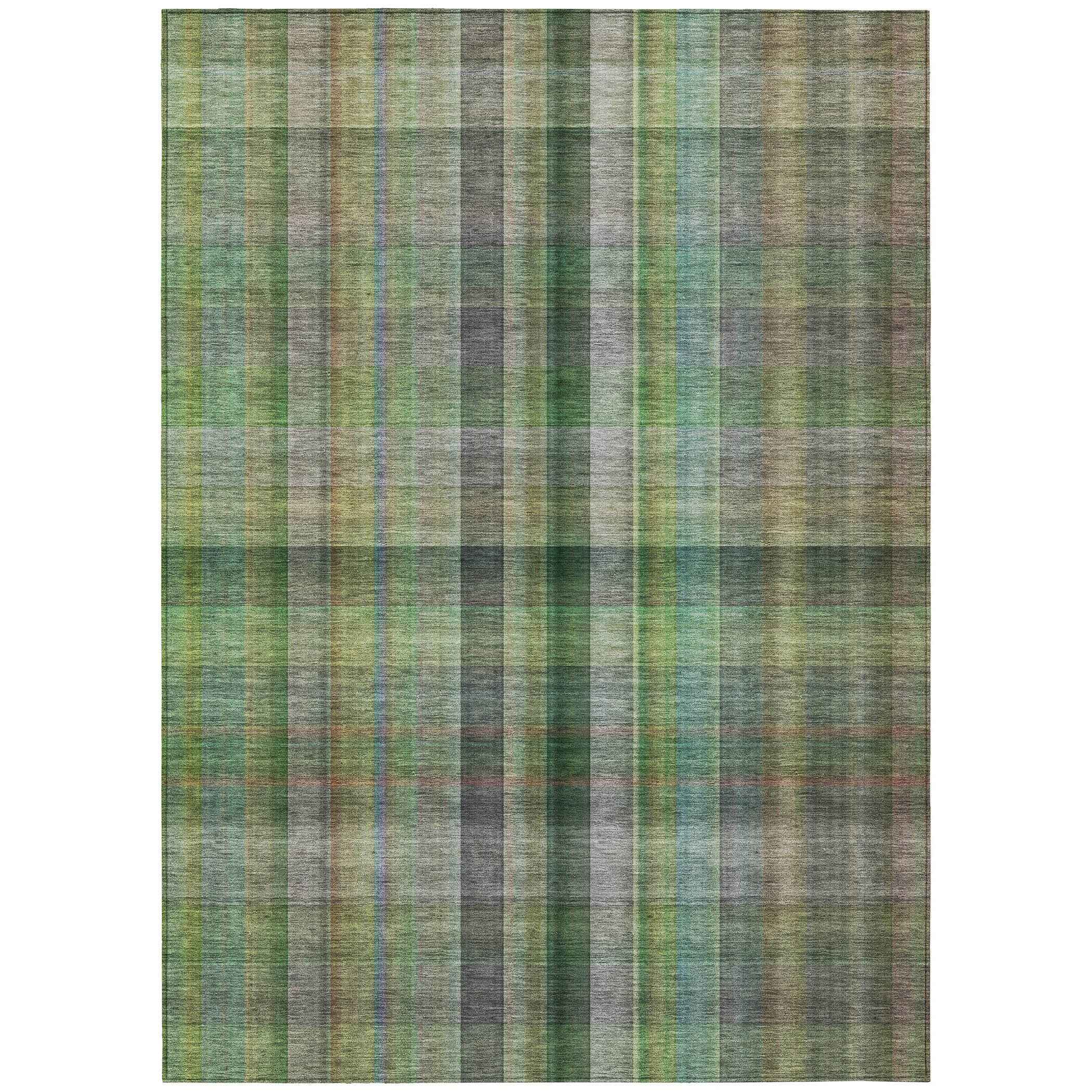 9' X 12' Green Plaid Washable Non Skid Indoor Outdoor Area Rug