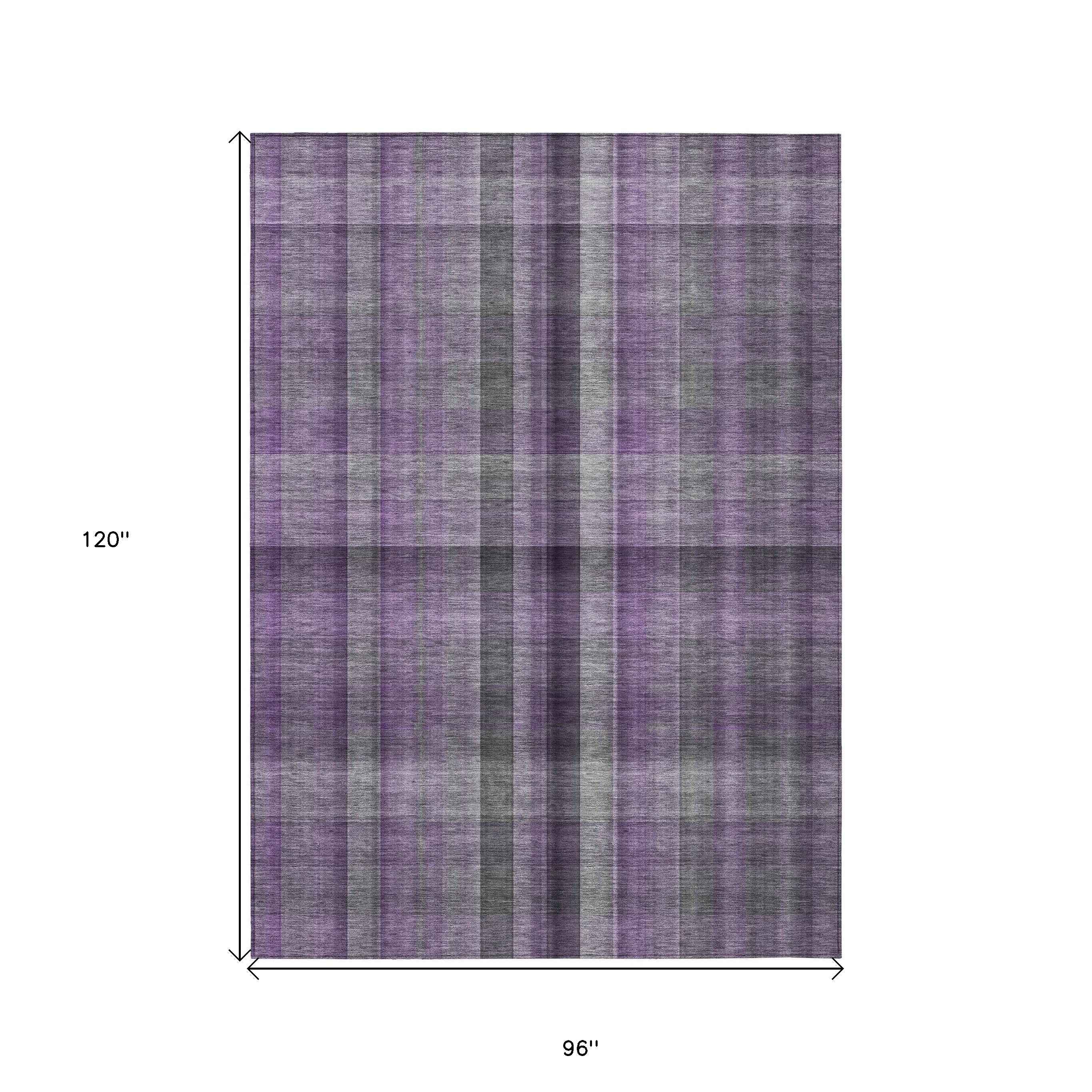 8' X 10' Purple Plaid Washable Non Skid Indoor Outdoor Area Rug