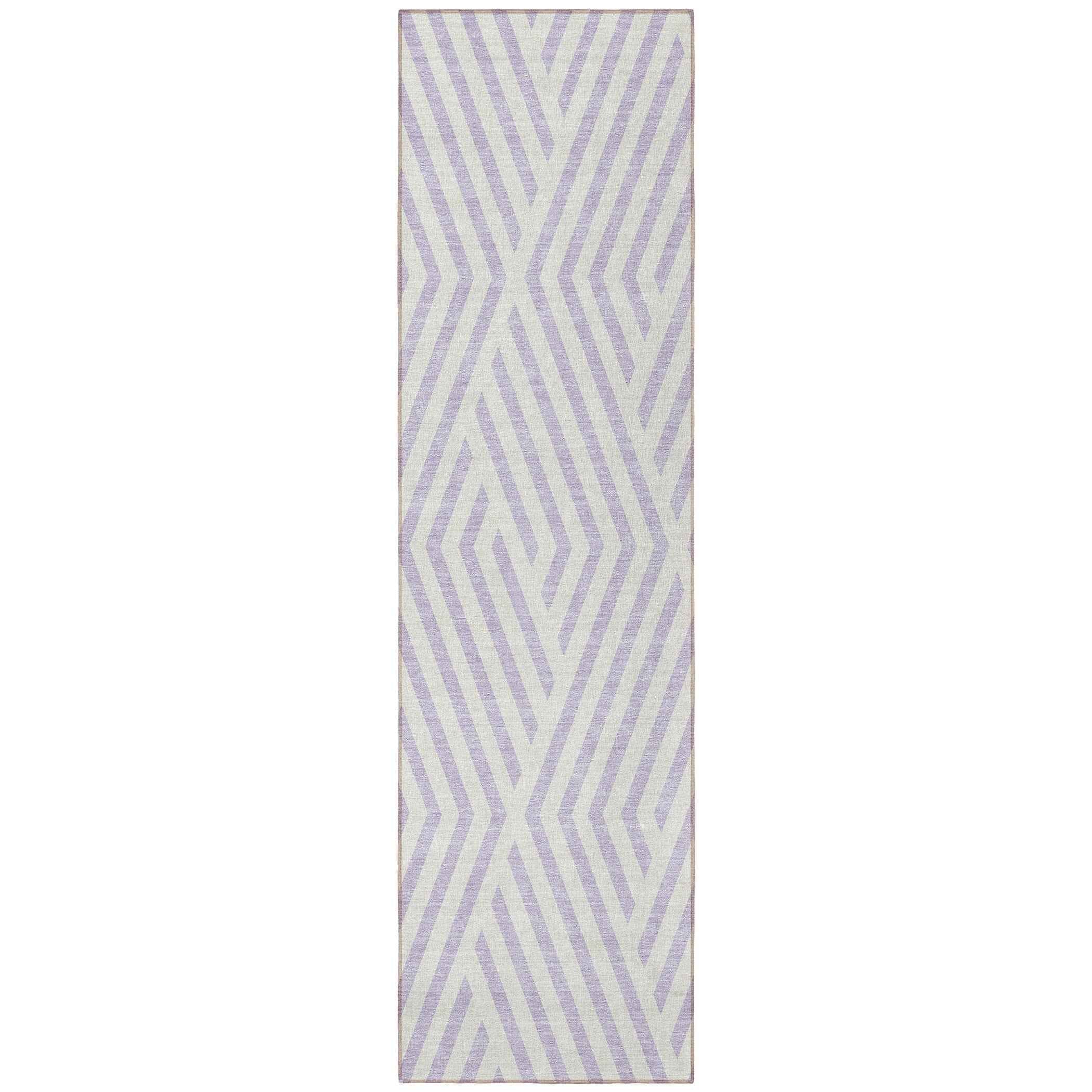 8' Runner Lavender and Ivory Geometric Washable Non Skid Indoor Outdoor Runner Rug