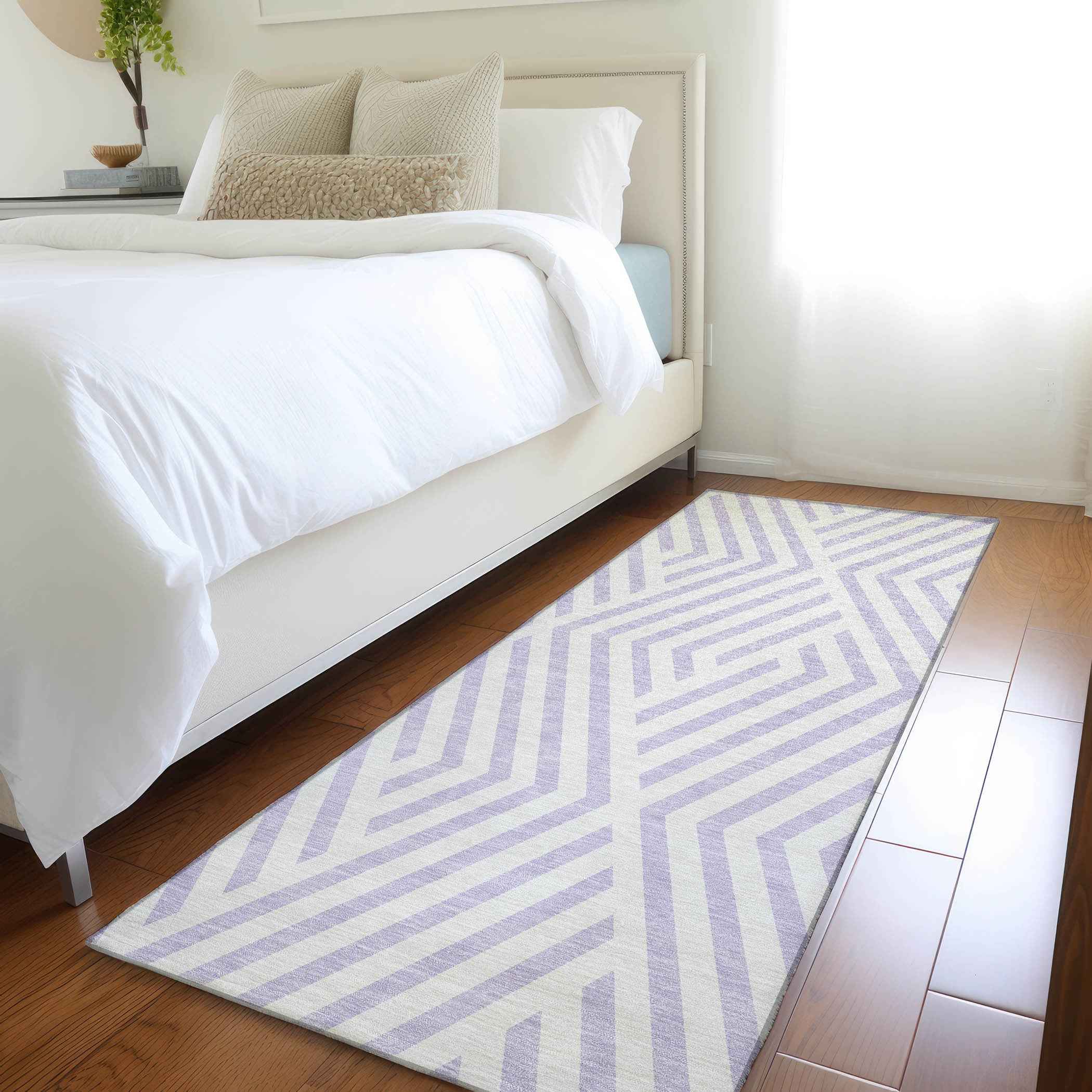 8' Runner Lavender and Ivory Geometric Washable Non Skid Indoor Outdoor Runner Rug
