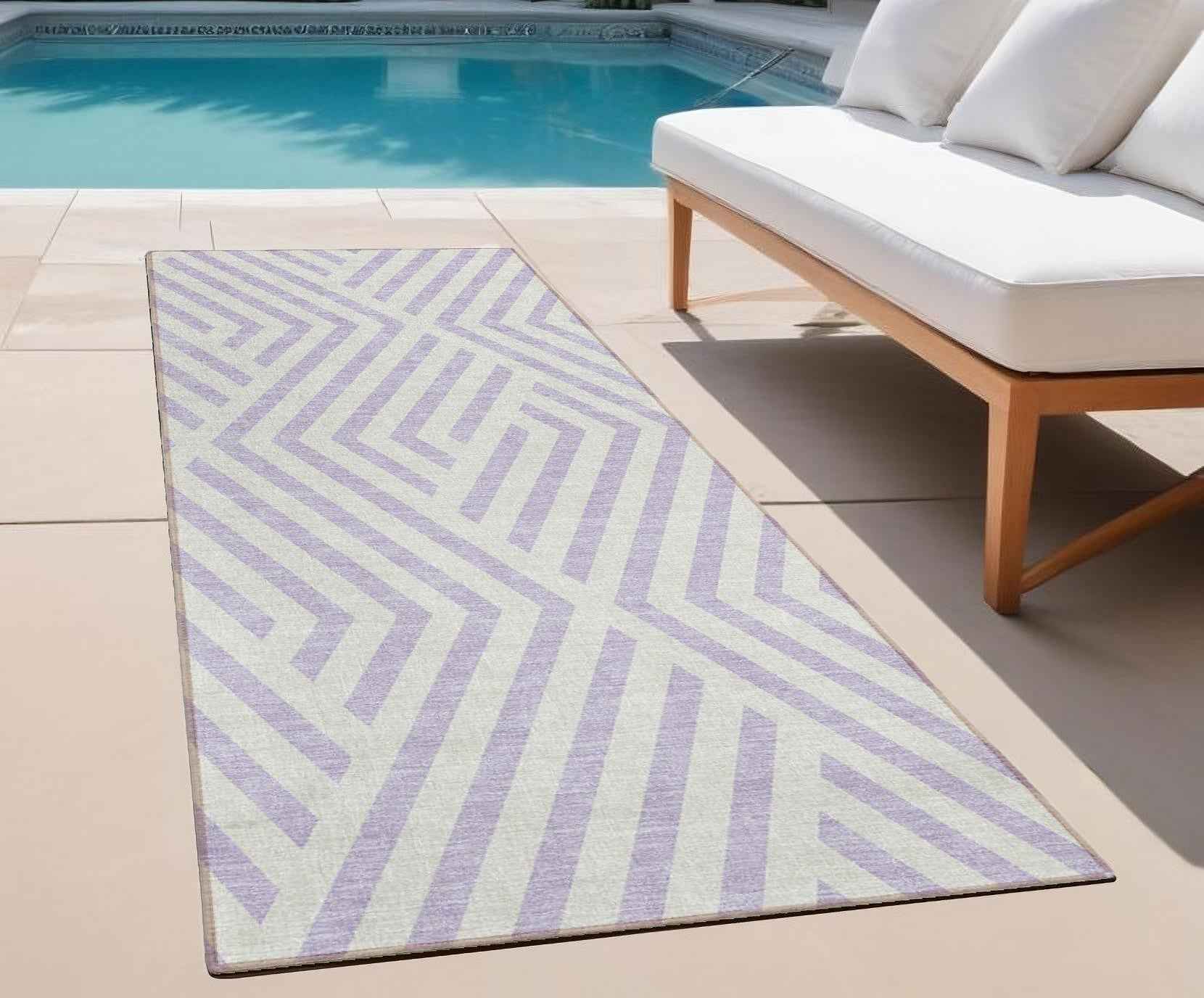 8' Runner Lavender and Ivory Geometric Washable Non Skid Indoor Outdoor Runner Rug