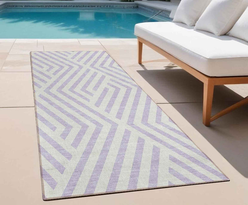 8' Runner Lavender and Ivory Geometric Washable Non Skid Indoor Outdoor Runner Rug