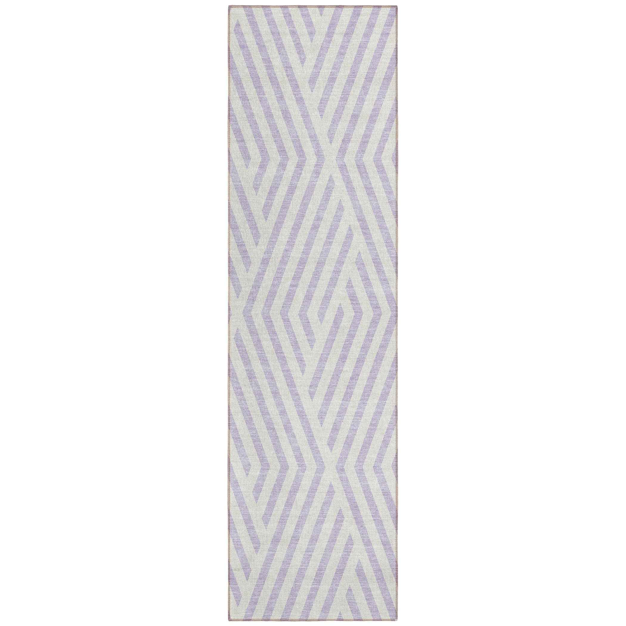 8' Runner Lavender and Ivory Geometric Washable Non Skid Indoor Outdoor Runner Rug