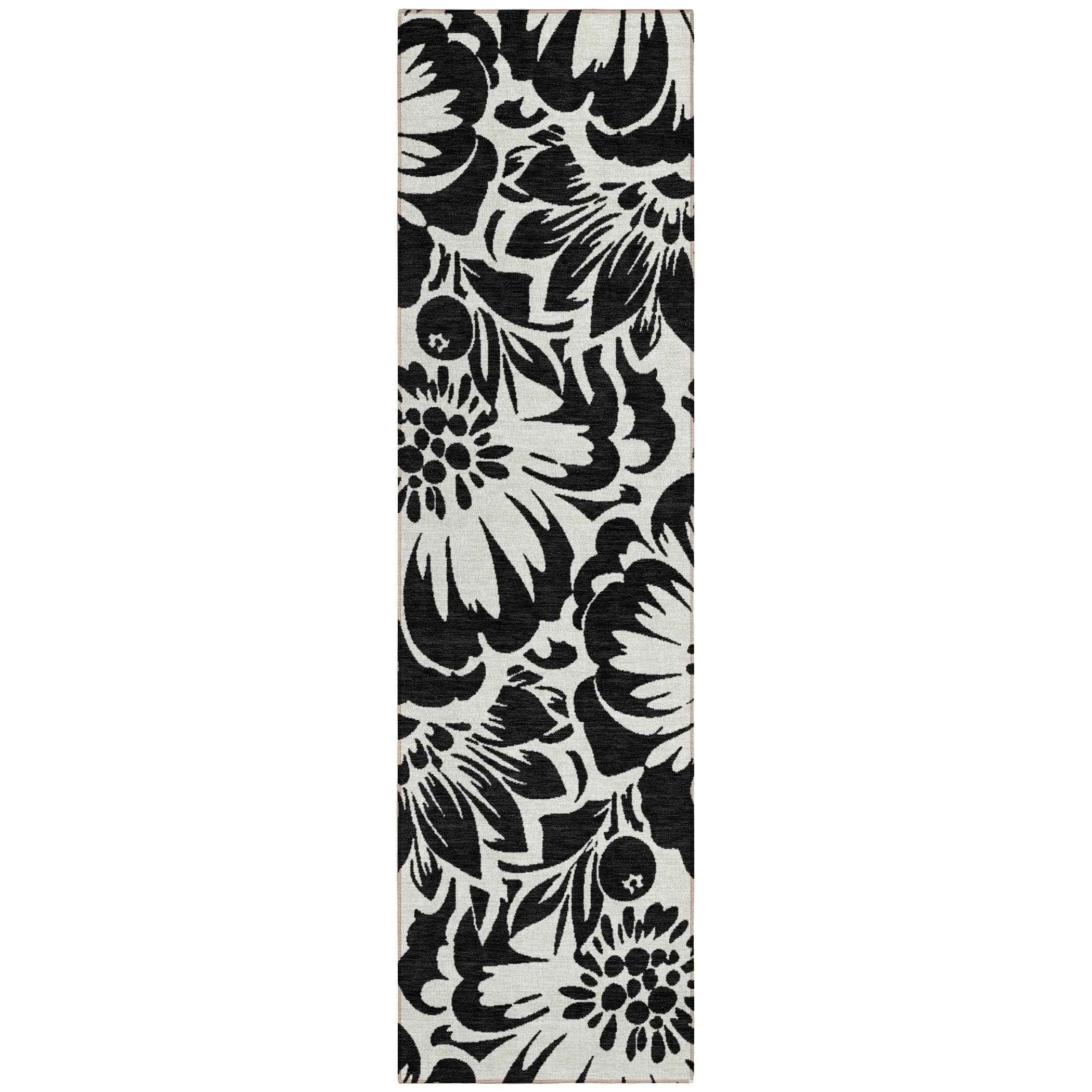 8' Runner Black and Ivory Floral Washable Non Skid Indoor Outdoor Runner Rug