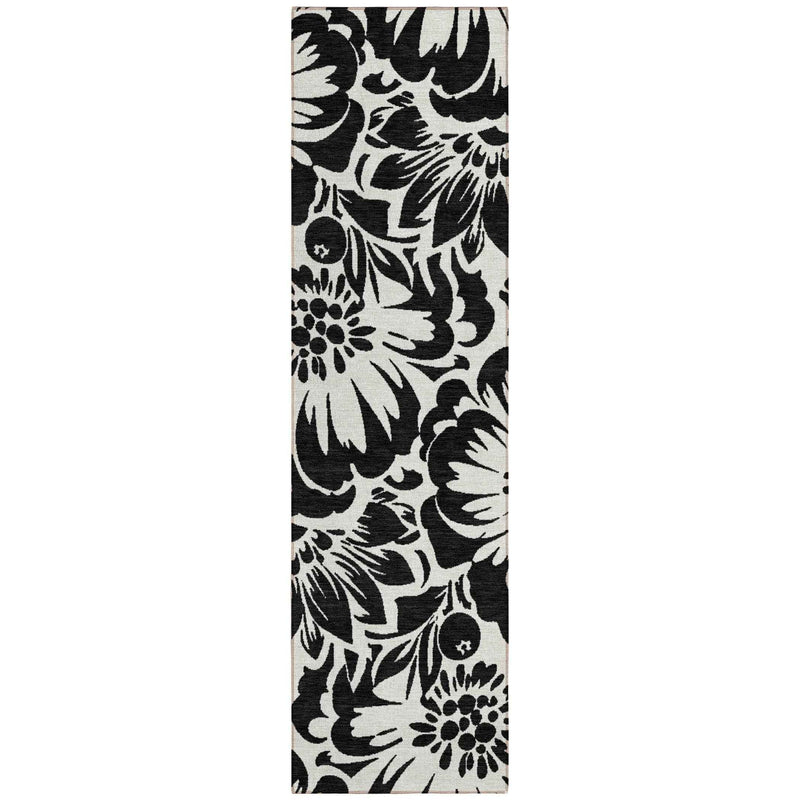 8' Runner Black and Ivory Floral Washable Non Skid Indoor Outdoor Runner Rug