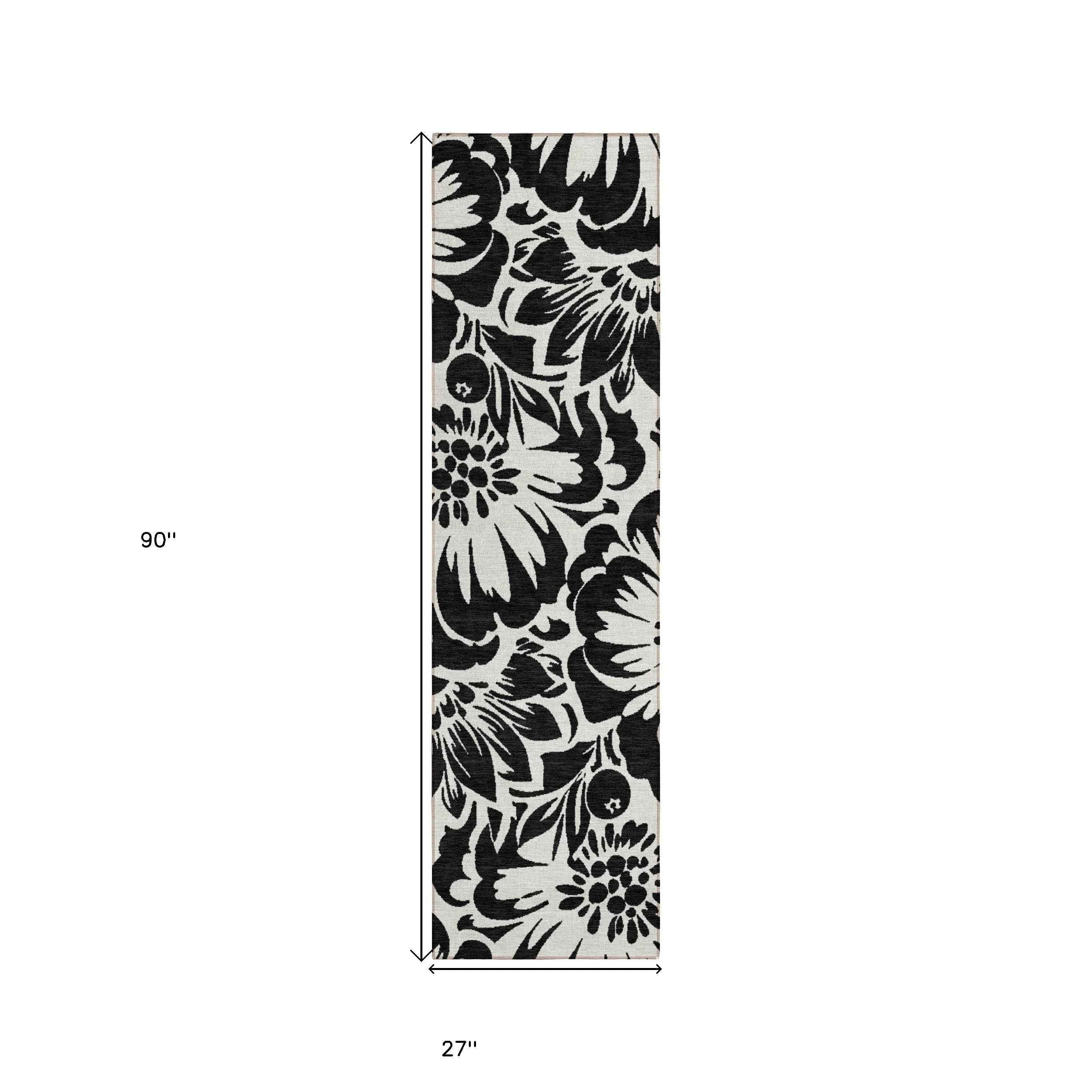 8' Runner Black and Ivory Floral Washable Non Skid Indoor Outdoor Runner Rug