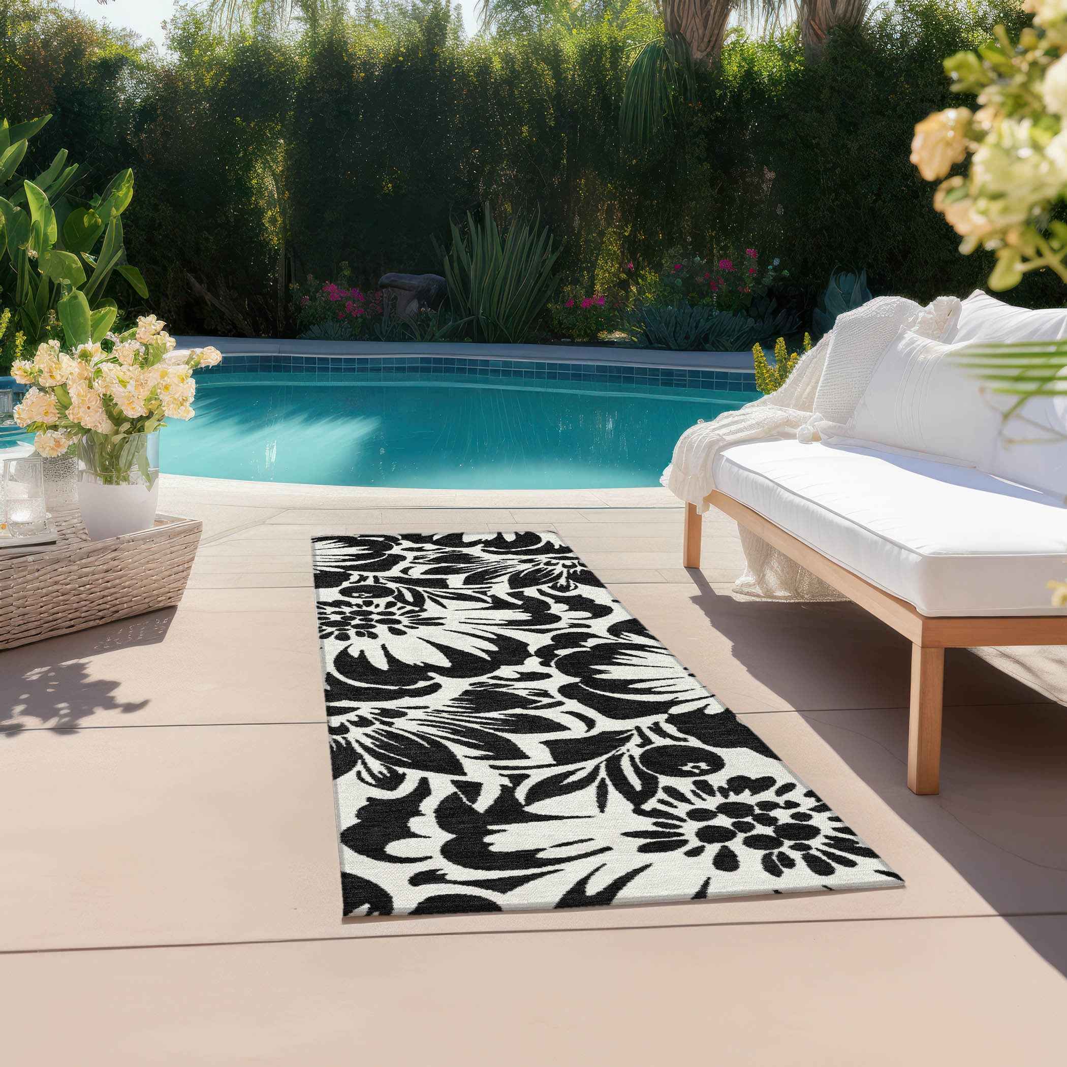 8' Runner Black and Ivory Floral Washable Non Skid Indoor Outdoor Runner Rug