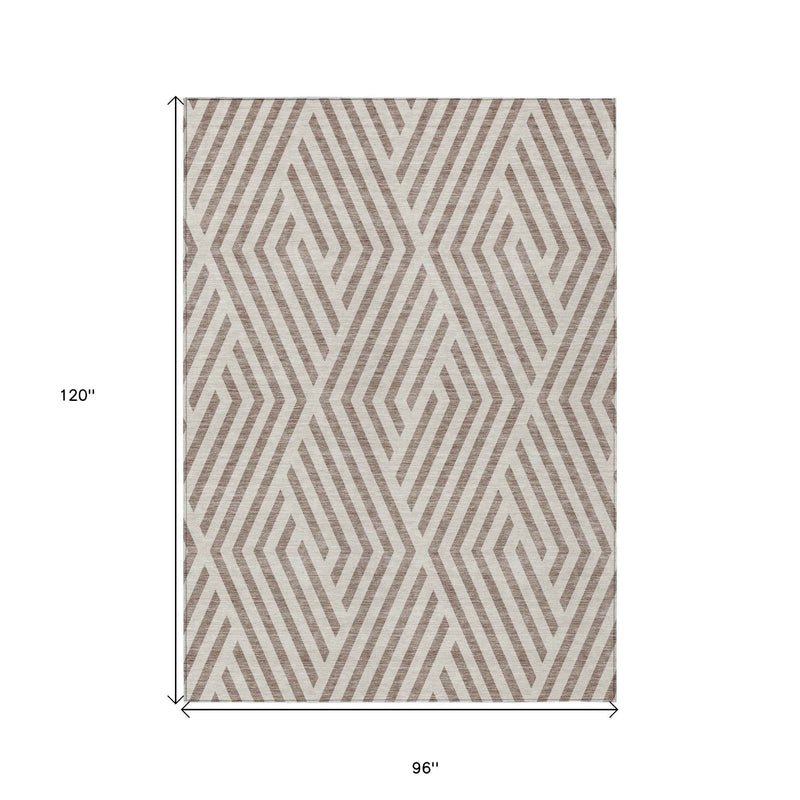 8' X 10' Taupe and Ivory Geometric Washable Non Skid Indoor Outdoor Area Rug