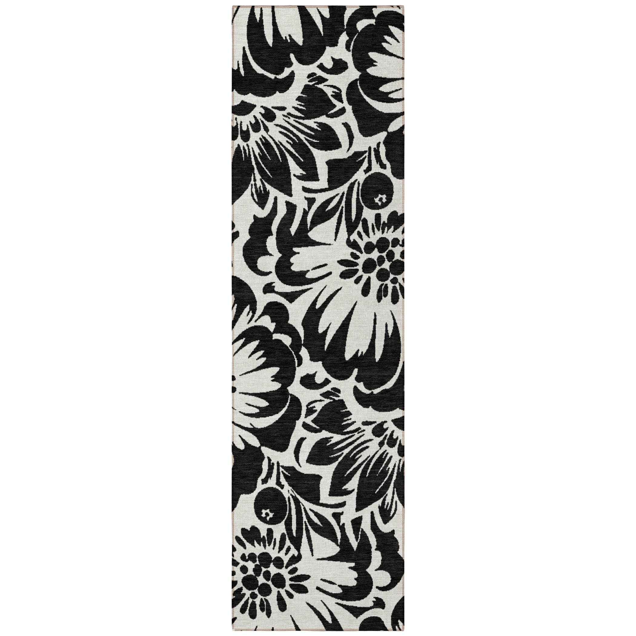 8' Runner Black and Ivory Floral Washable Non Skid Indoor Outdoor Runner Rug