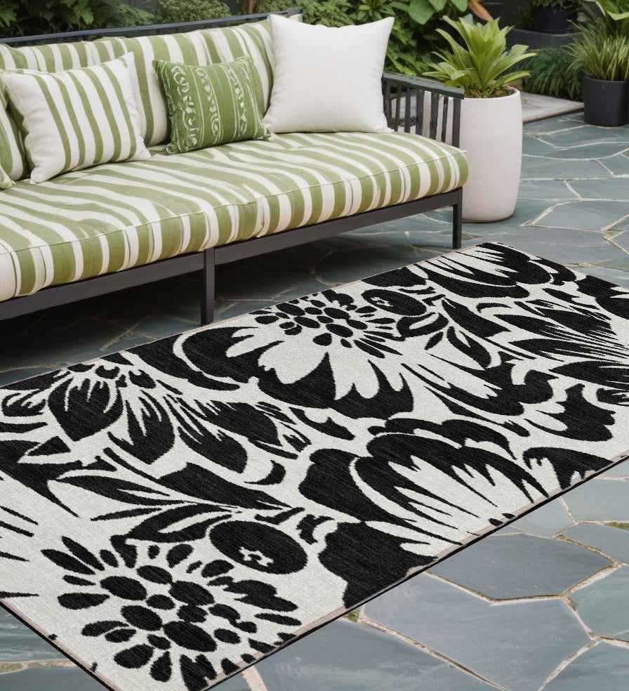 8' Runner Black and Ivory Floral Washable Non Skid Indoor Outdoor Runner Rug