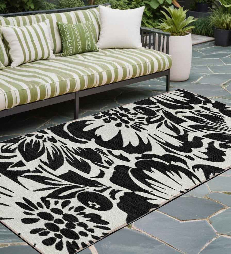 8' Runner Black and Ivory Floral Washable Non Skid Indoor Outdoor Runner Rug