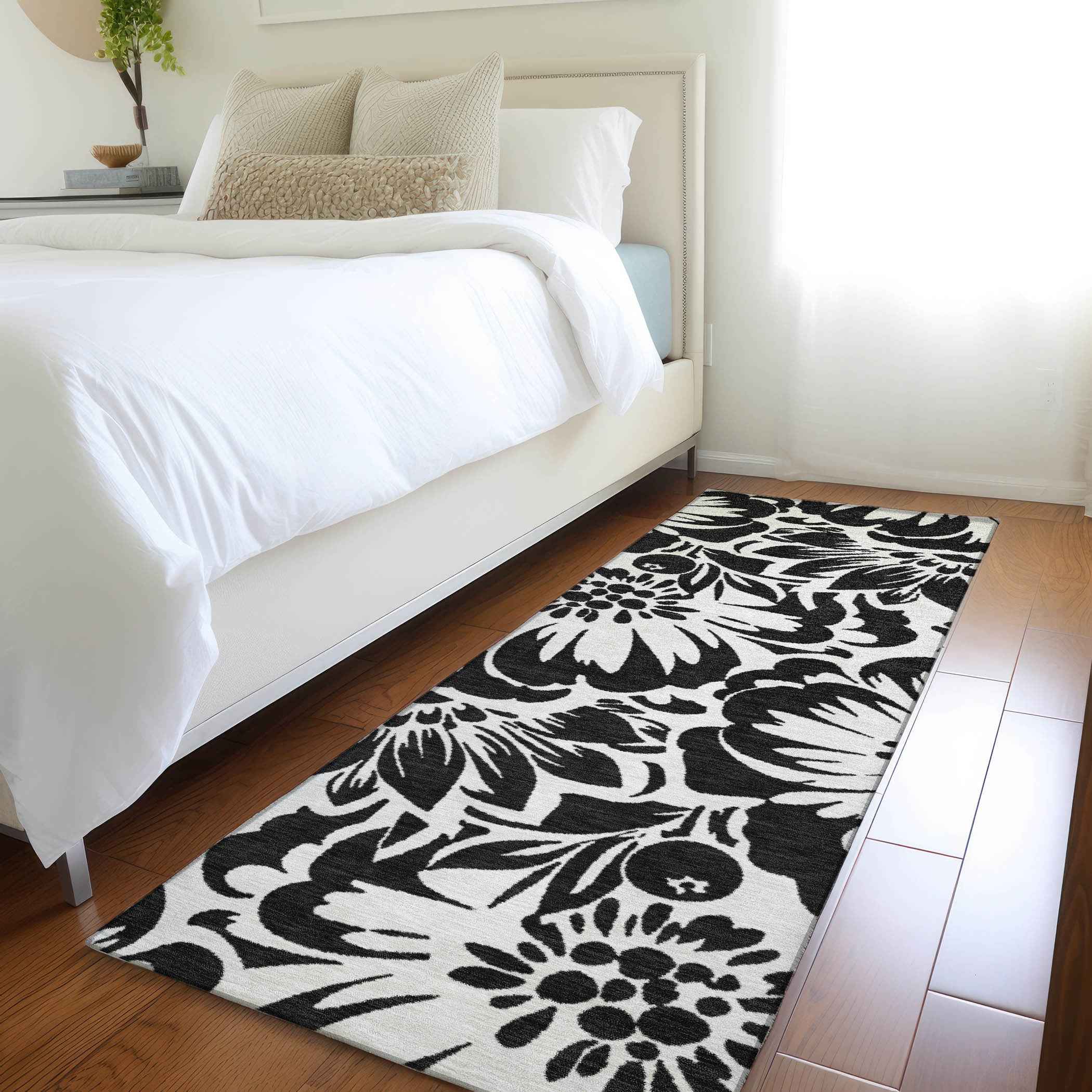 8' Runner Black and Ivory Floral Washable Non Skid Indoor Outdoor Runner Rug