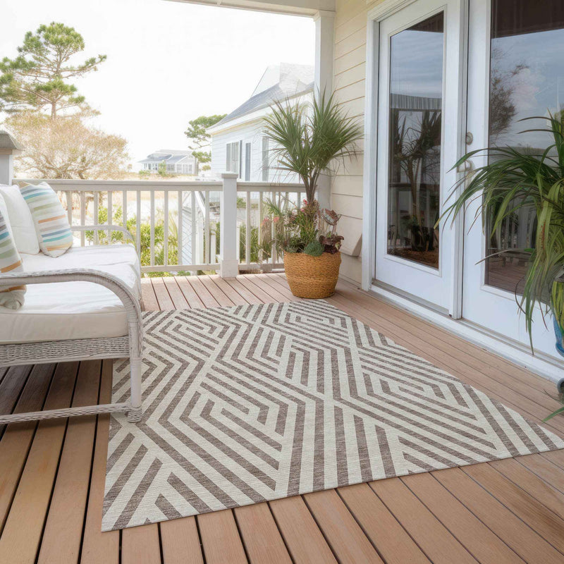 8' X 10' Taupe and Ivory Geometric Washable Non Skid Indoor Outdoor Area Rug