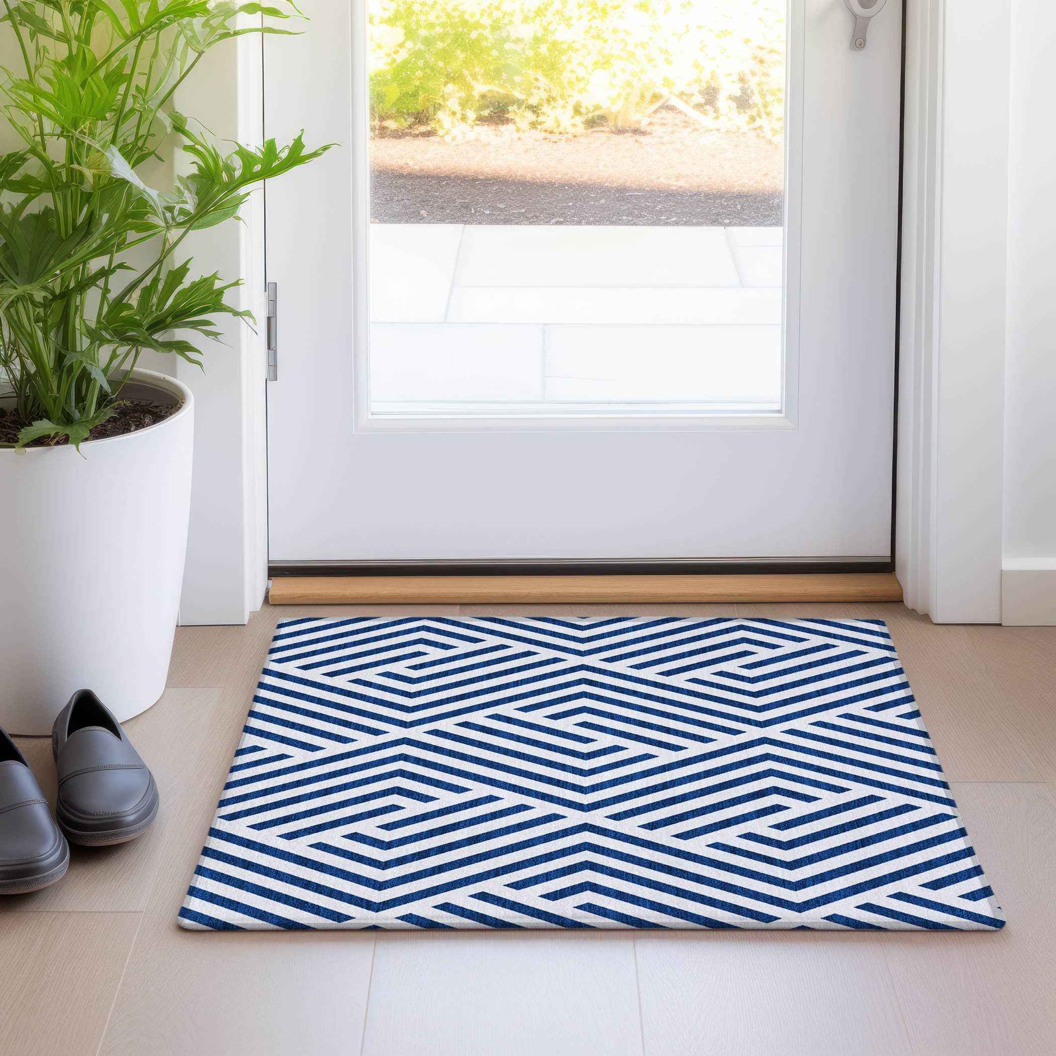 2' X 3' Navy and White Geometric Washable Non Skid Indoor Outdoor Area Rug