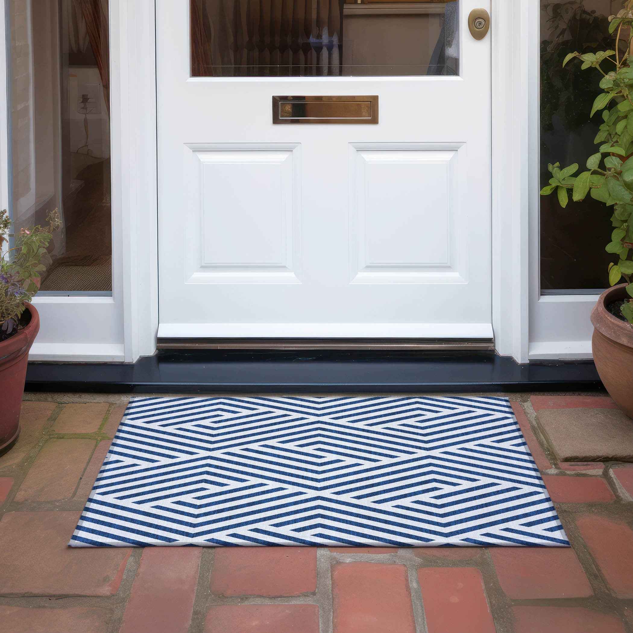 2' X 3' Navy and White Geometric Washable Non Skid Indoor Outdoor Area Rug