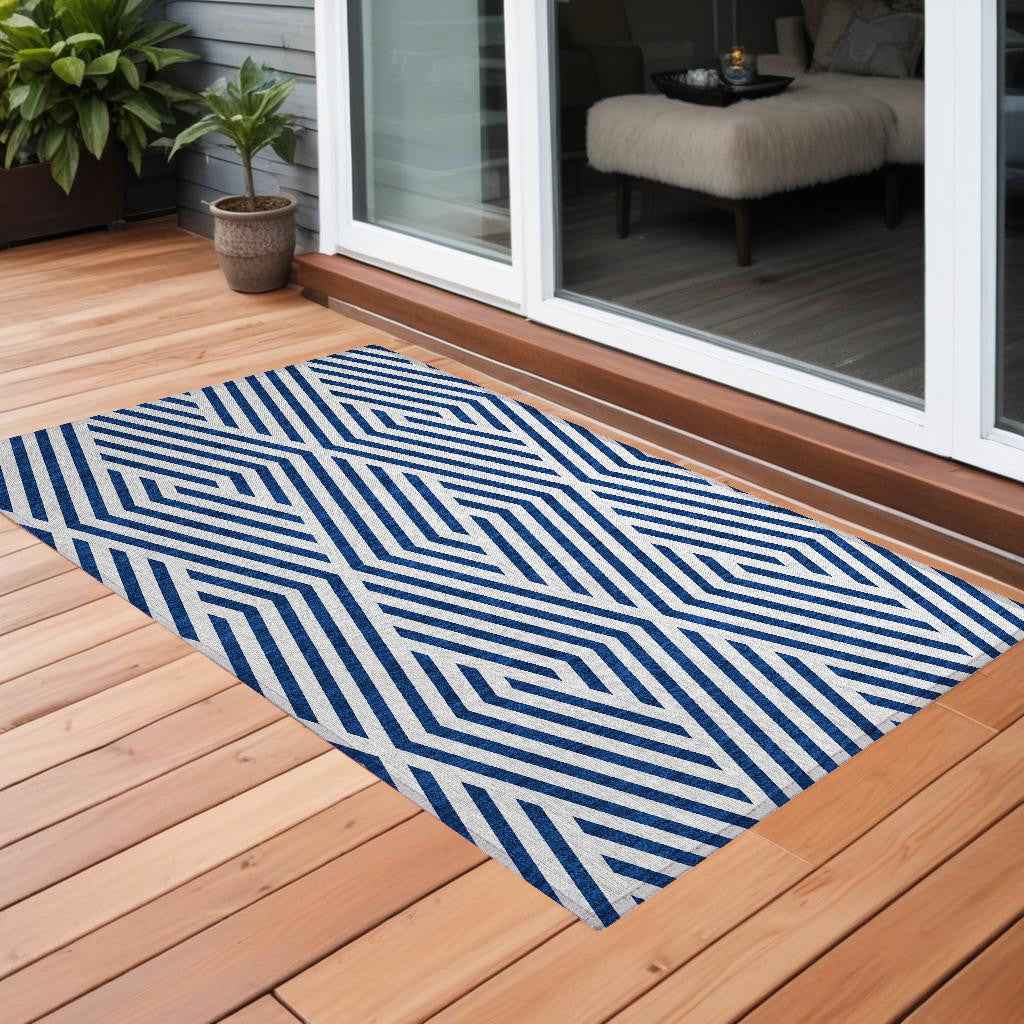 2' X 3' Navy and White Geometric Washable Non Skid Indoor Outdoor Area Rug