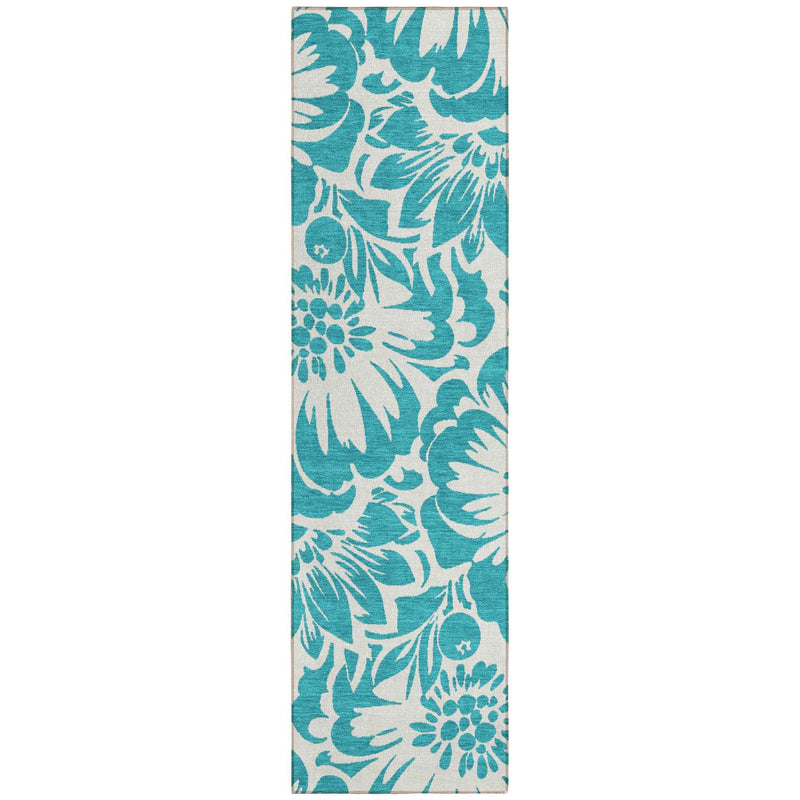 2' X 8' Teal and Ivory Floral Washable Non Skid Indoor Outdoor Runner Rug