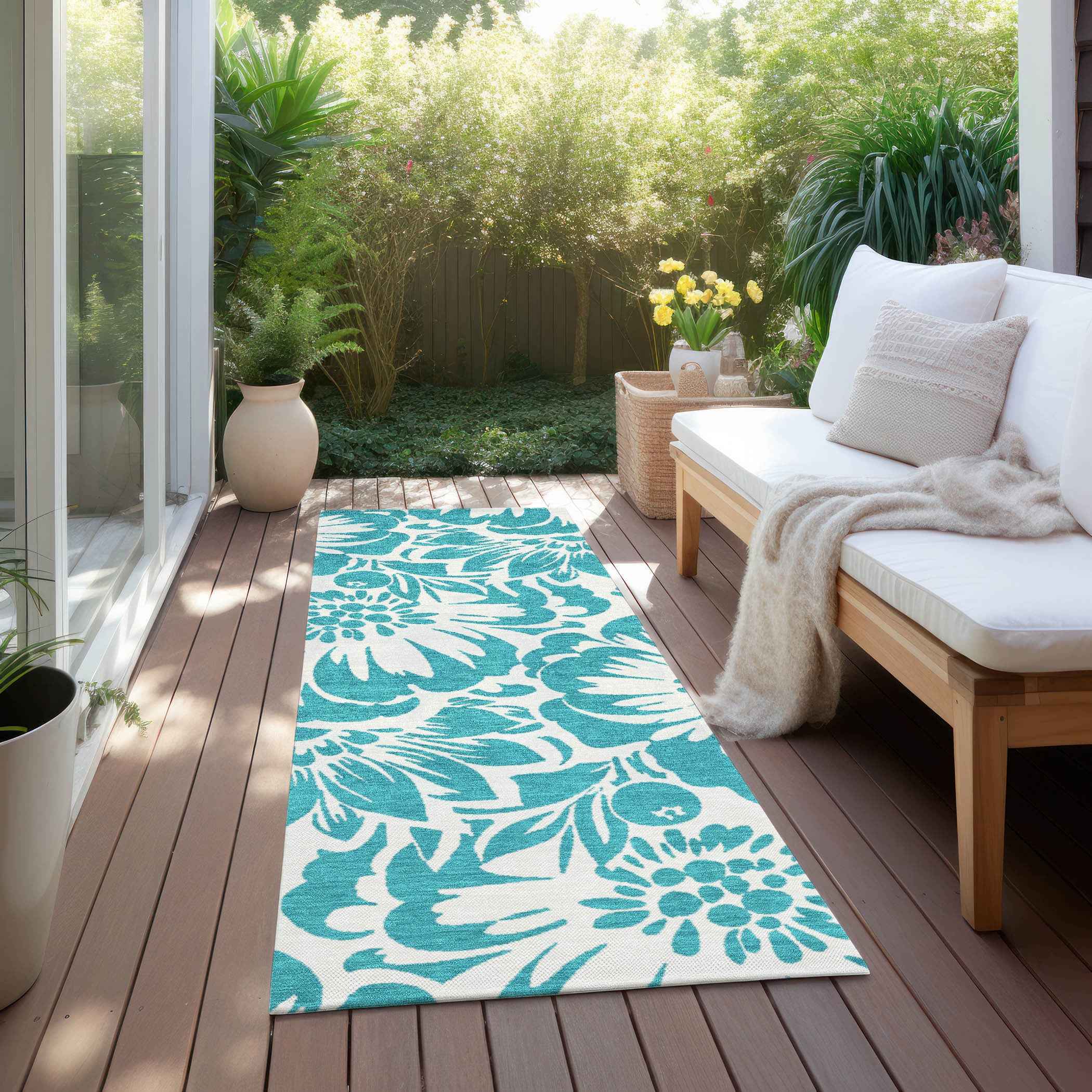 2' X 8' Teal and Ivory Floral Washable Non Skid Indoor Outdoor Runner Rug
