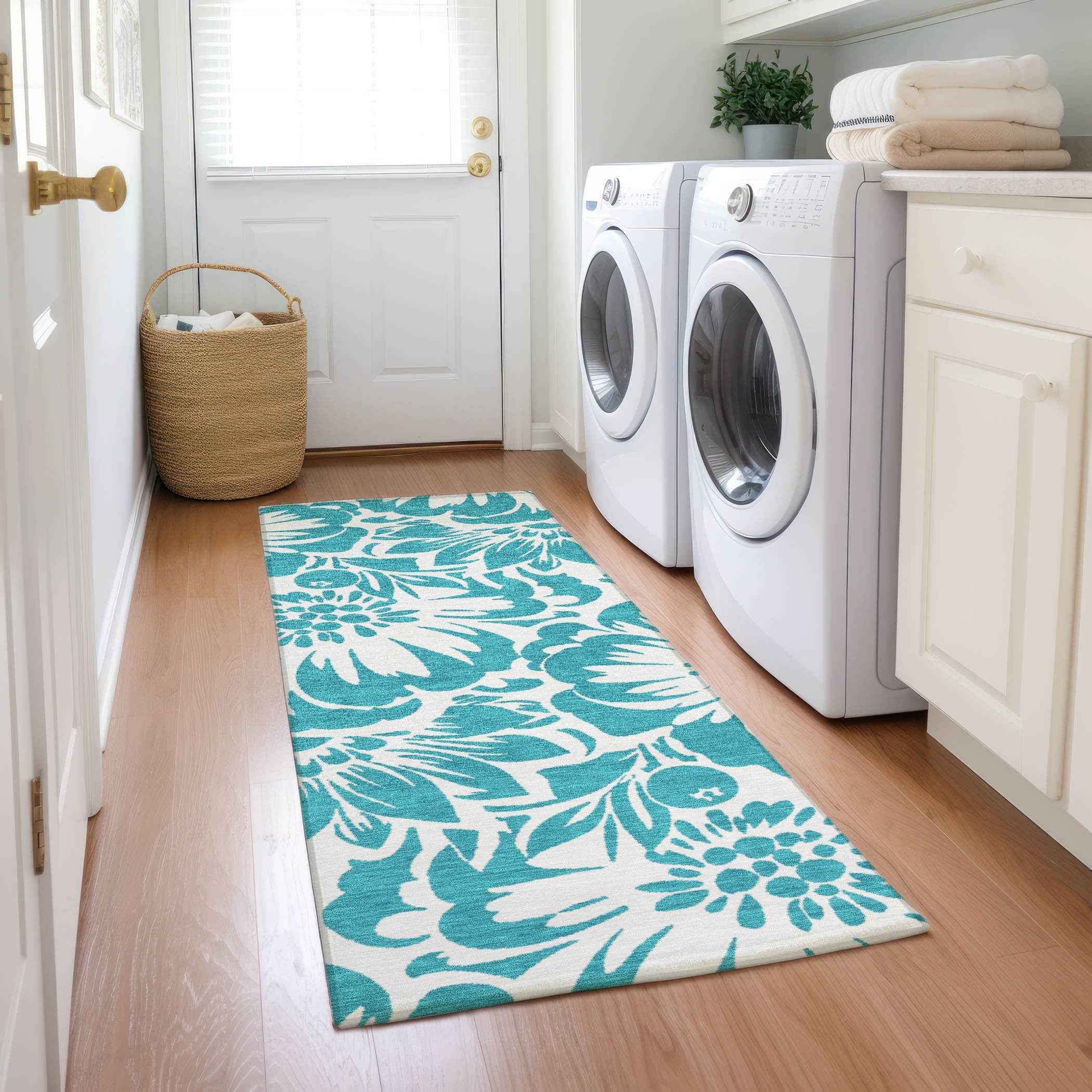2' X 8' Teal and Ivory Floral Washable Non Skid Indoor Outdoor Runner Rug