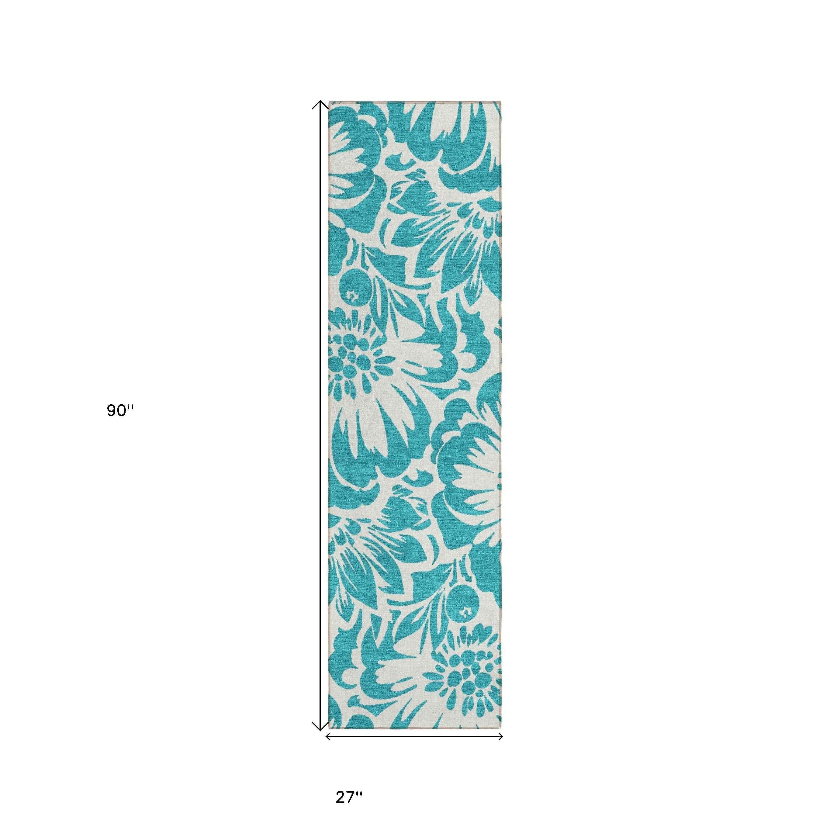 2' X 8' Teal and Ivory Floral Washable Non Skid Indoor Outdoor Runner Rug