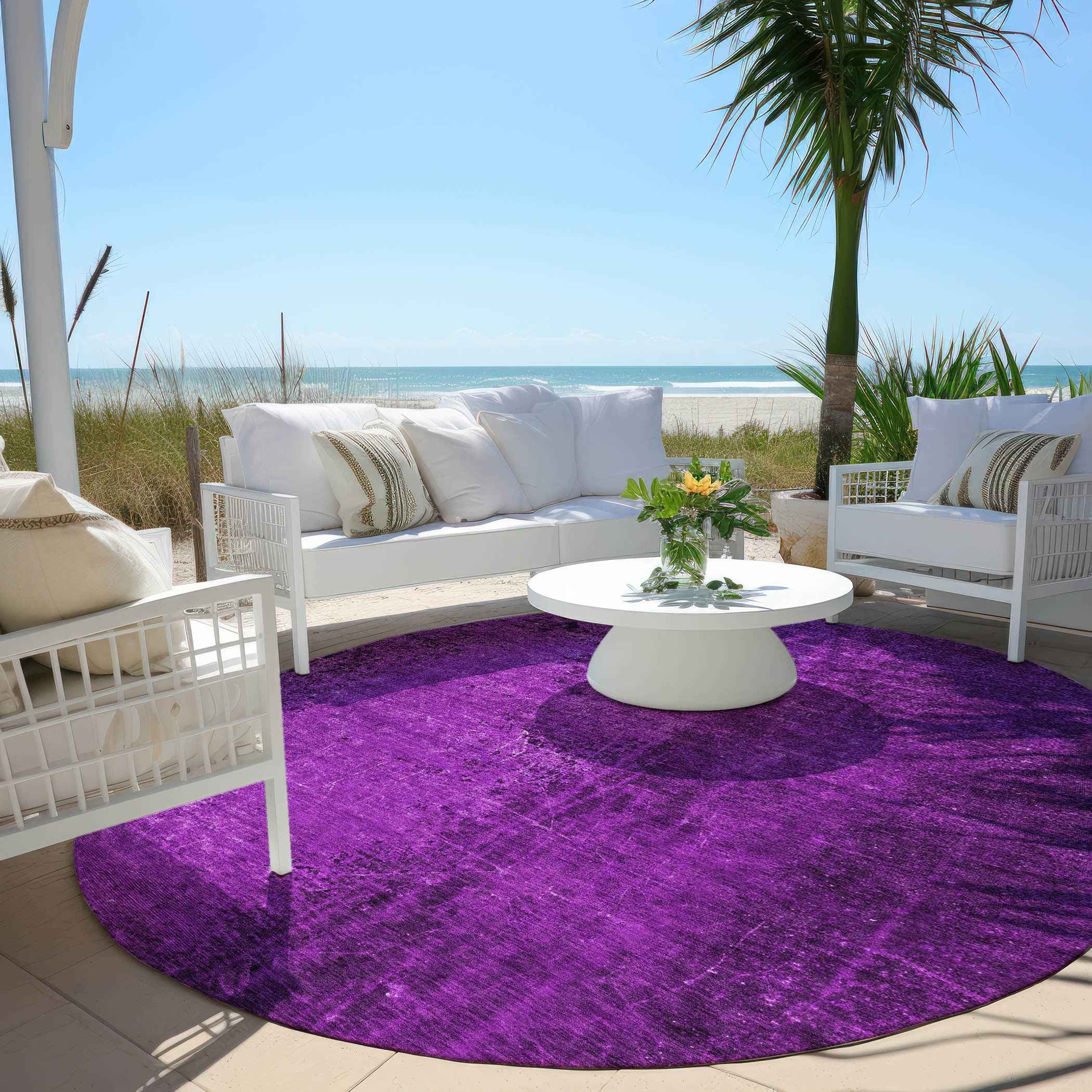 8' Round Purple Round Abstract Washable Non Skid Indoor Outdoor Area Rug