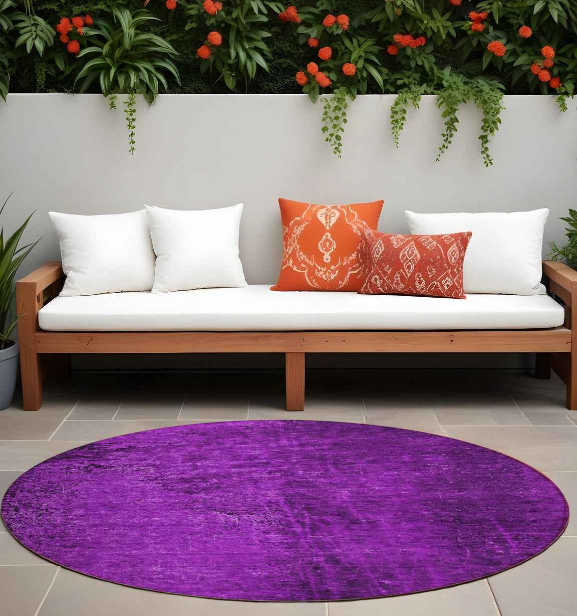 8' Round Purple Round Abstract Washable Non Skid Indoor Outdoor Area Rug