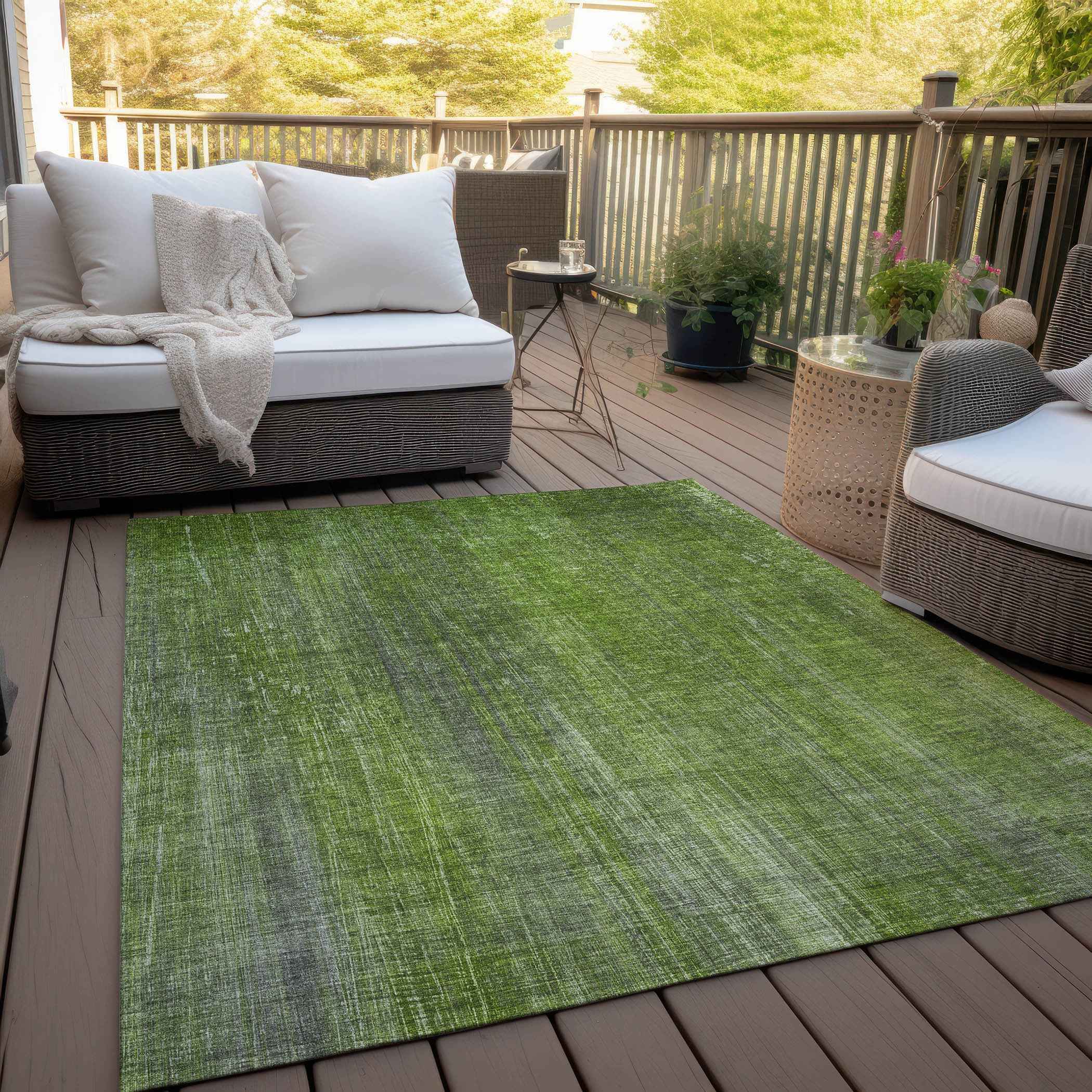 8' X 10' Green Striped Washable Non Skid Indoor Outdoor Area Rug