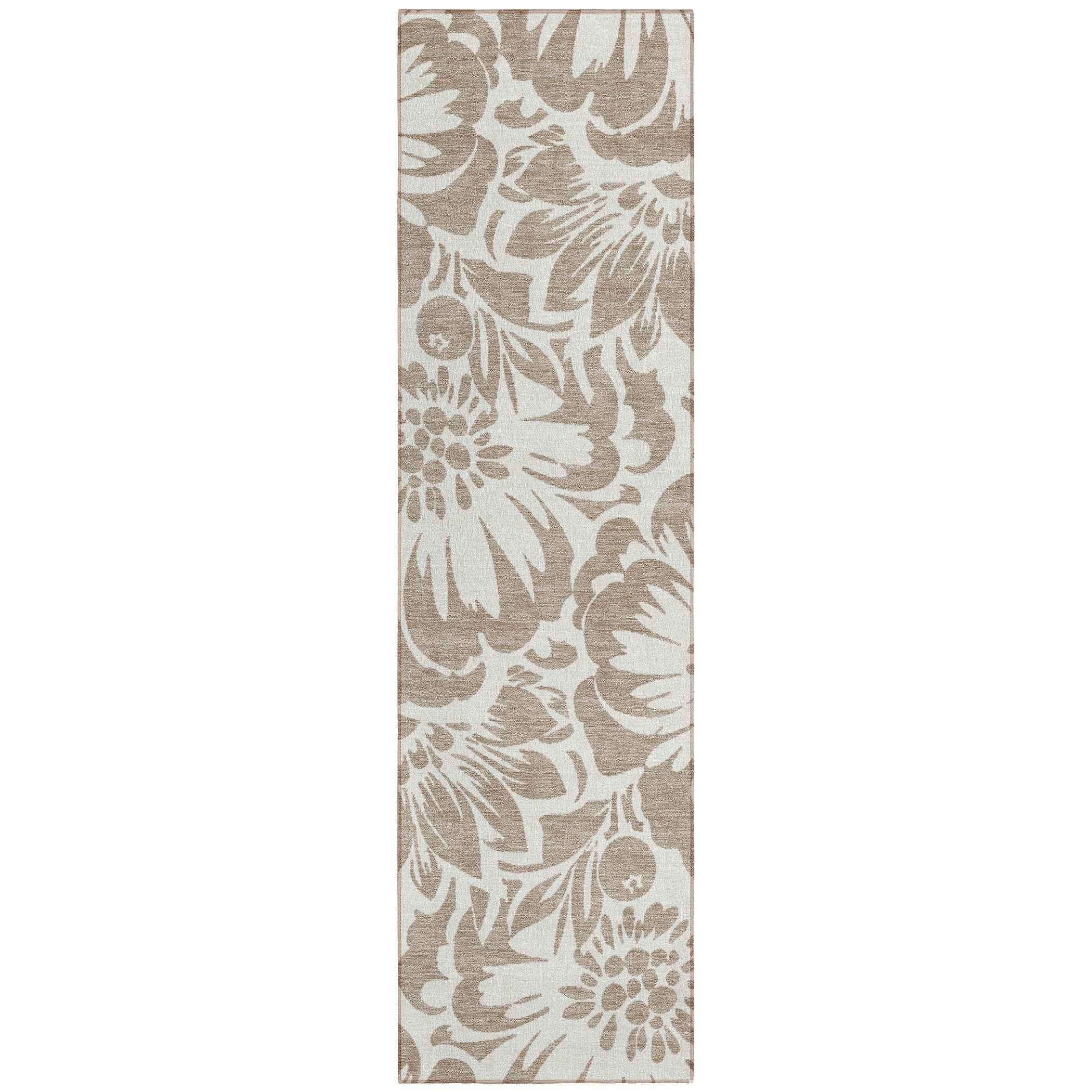2' X 8' Taupe and Ivory Floral Washable Non Skid Indoor Outdoor Runner Rug